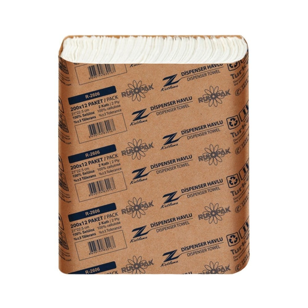 Rulopak Z Katlama Havlu Kağıt 2 Katlı 200 Yaprak 12'Li Paket