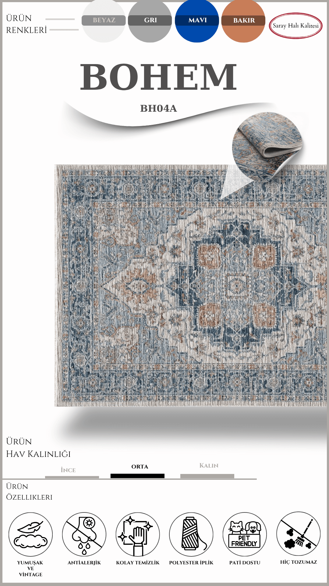 Modern ve Klasik Desenli Özel Efektli Halı Bohem BH04A
