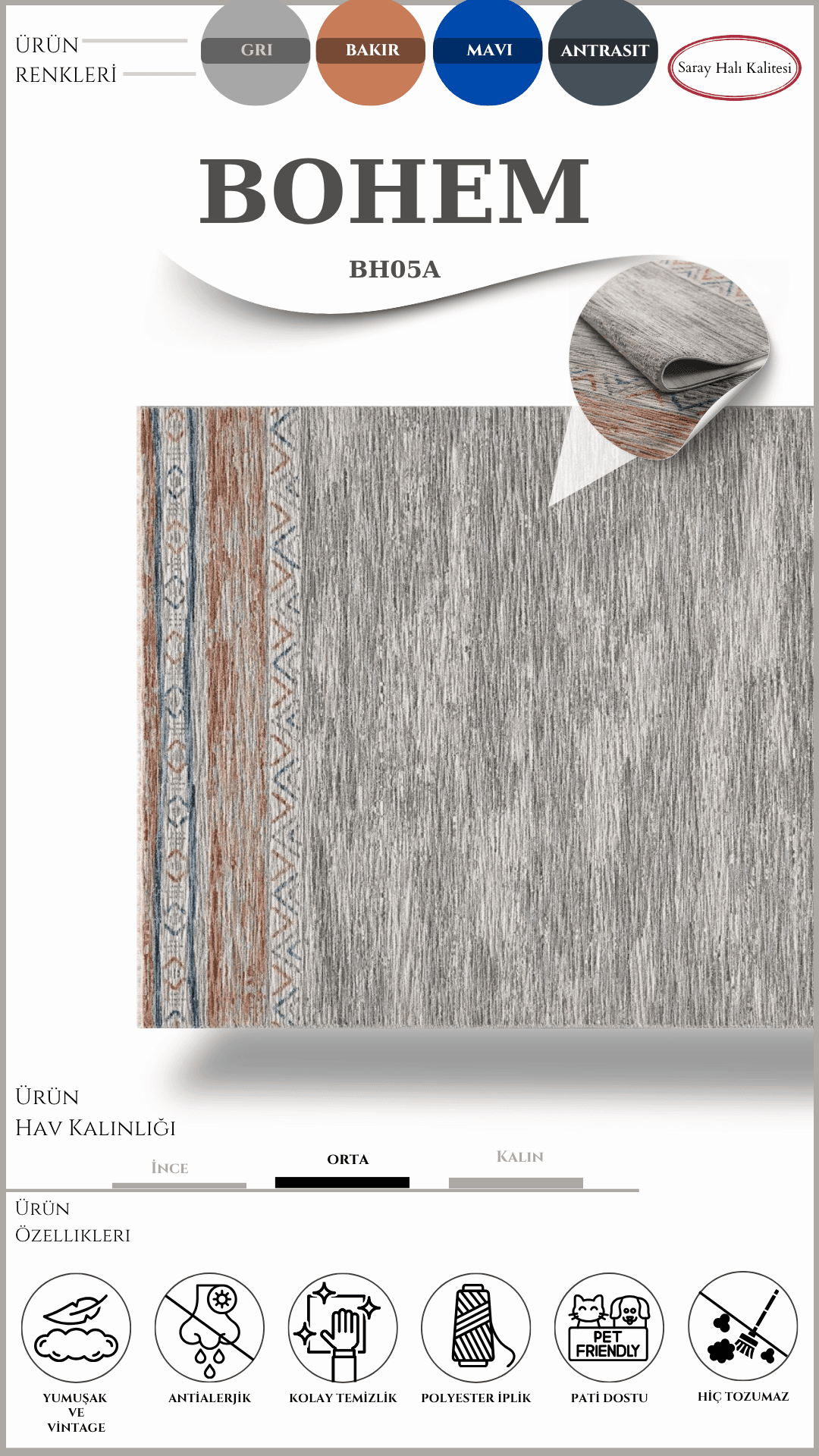 Modern ve Klasik Desenli Özel Efektli Halı Bohem BH05A