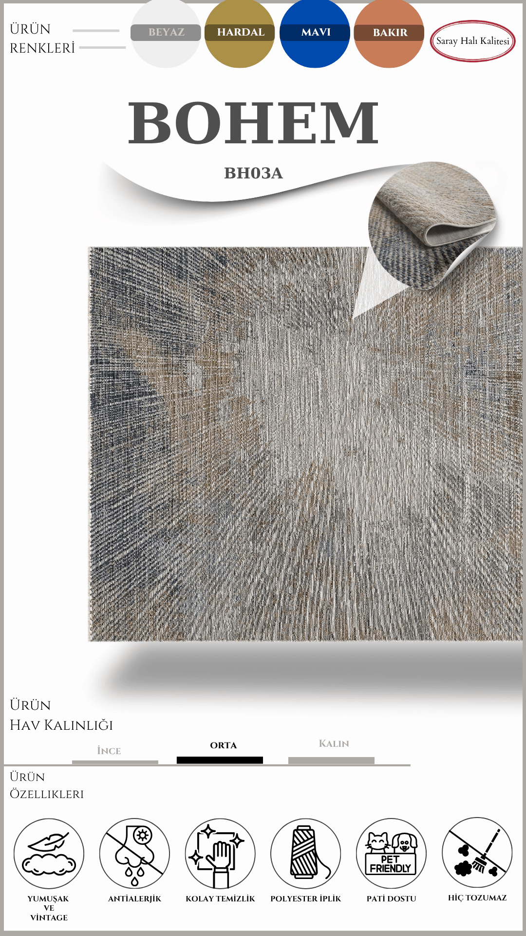 Modern ve Klasik Desenli Özel Efektli Halı Bohem BH03A