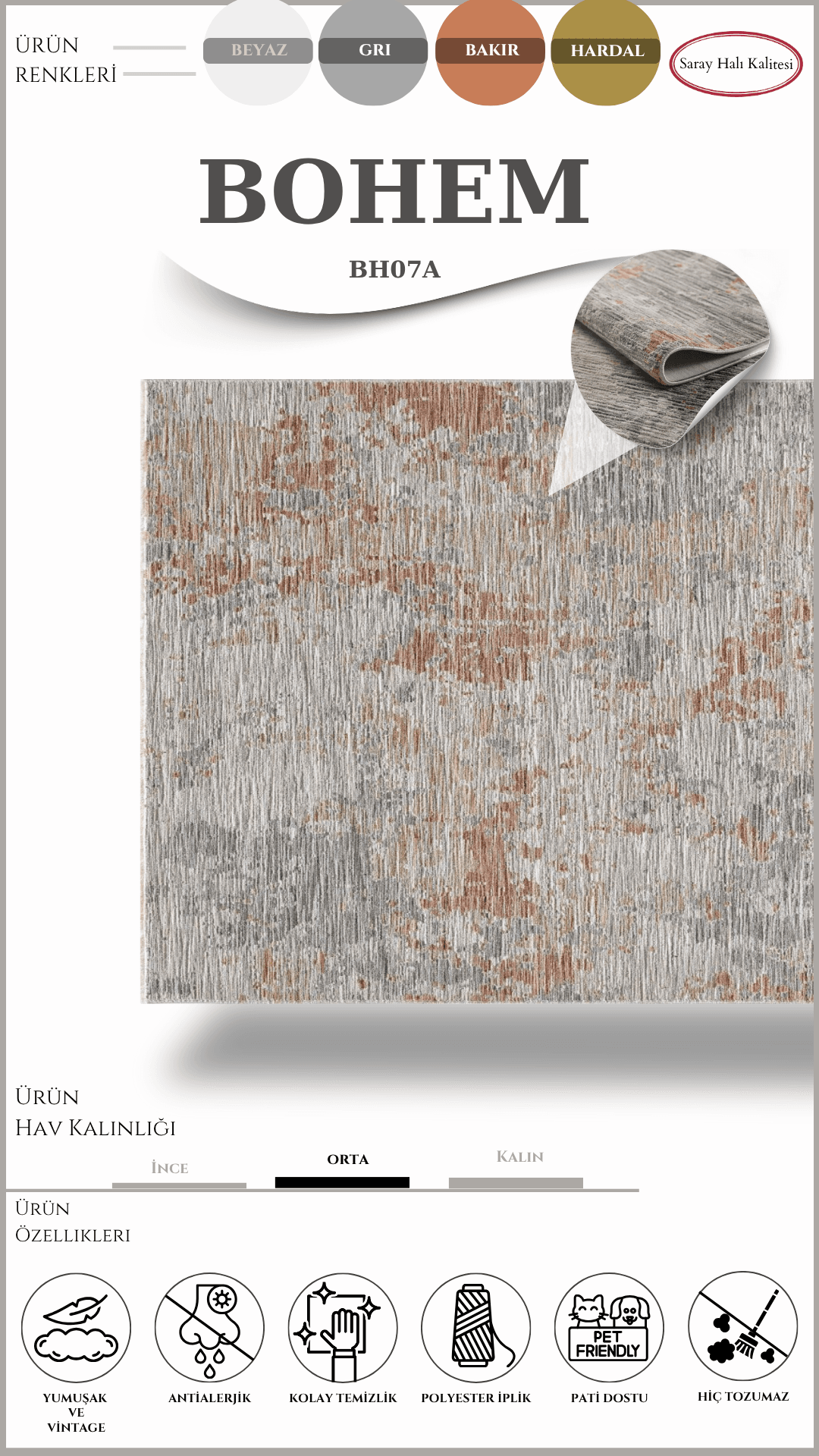 Modern ve Klasik Desenli Özel Efektli Halı Bohem BH07A