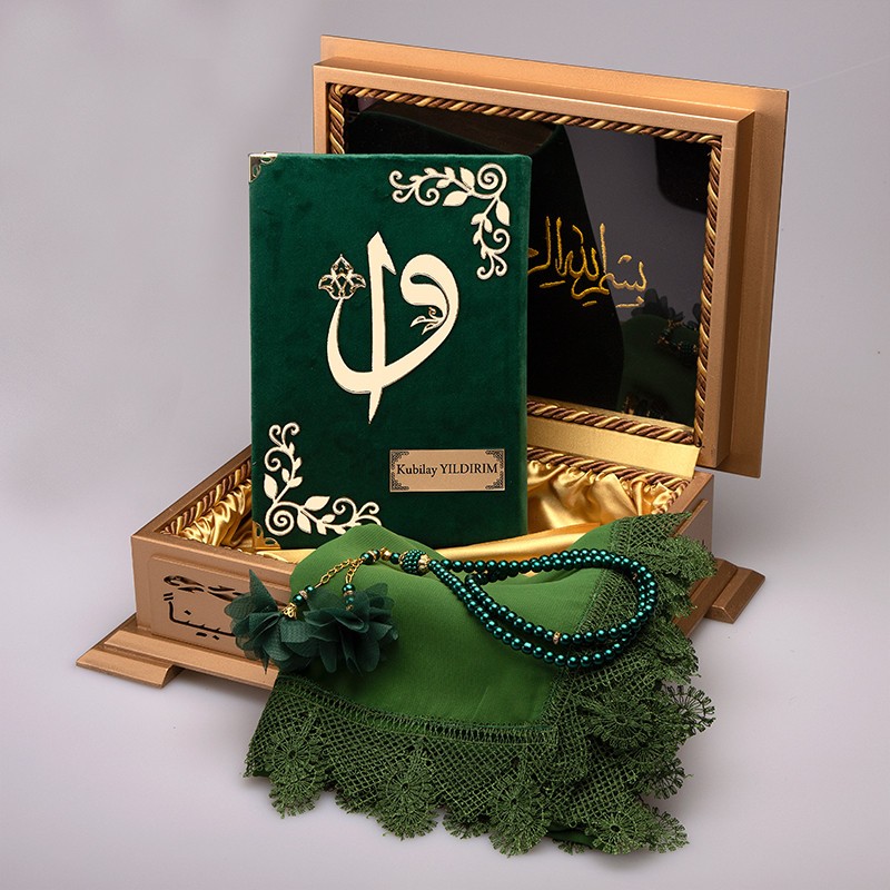 Gold Ahşap Kutu Kadife Kur’an-ı Kerim Elif-Vav (Tesbih, Şal)  - Yeşil