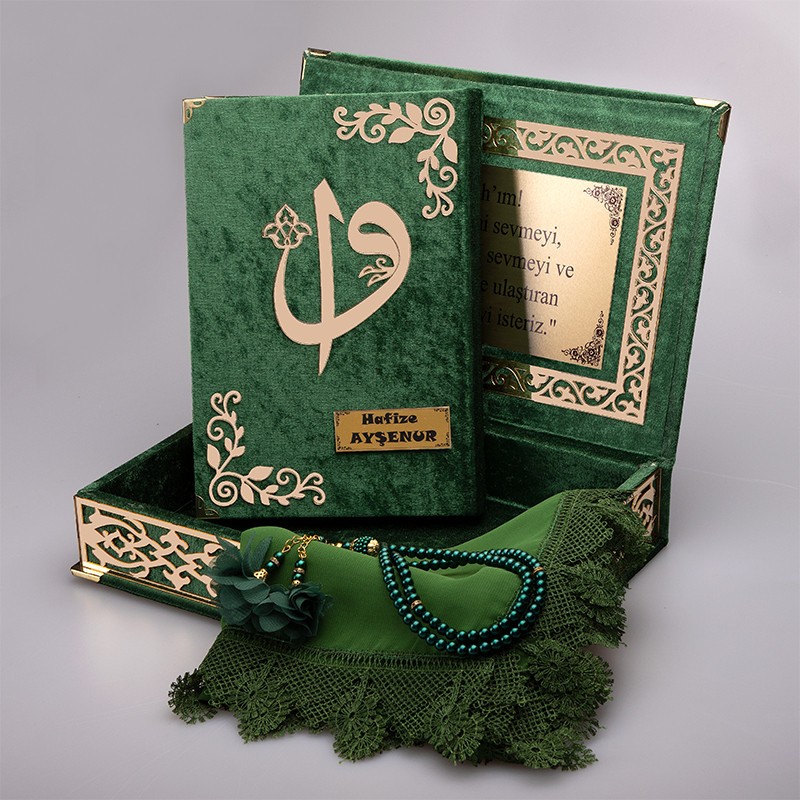 Raşel Kutu Kur’an-ı Kerim Elif-Vav Kombin Set (Tesbih, Şal)  - Yeşil
