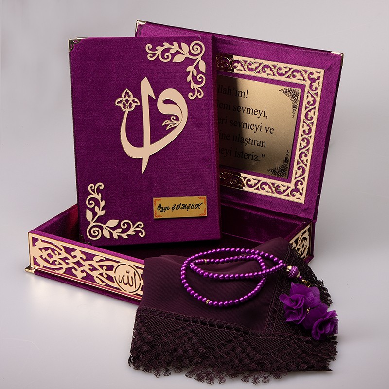 Raşel Kutu Kur’an-ı Kerim Elif-Vav Kombin Set (Tesbih, Şal)  - Mor