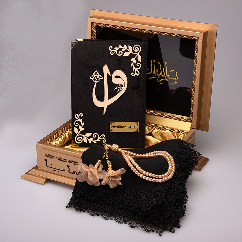 Gold Ahşap Kutu Kadife Kur’an-ı Kerim Elif-Vav (Tesbih, Şal)  - Siyah