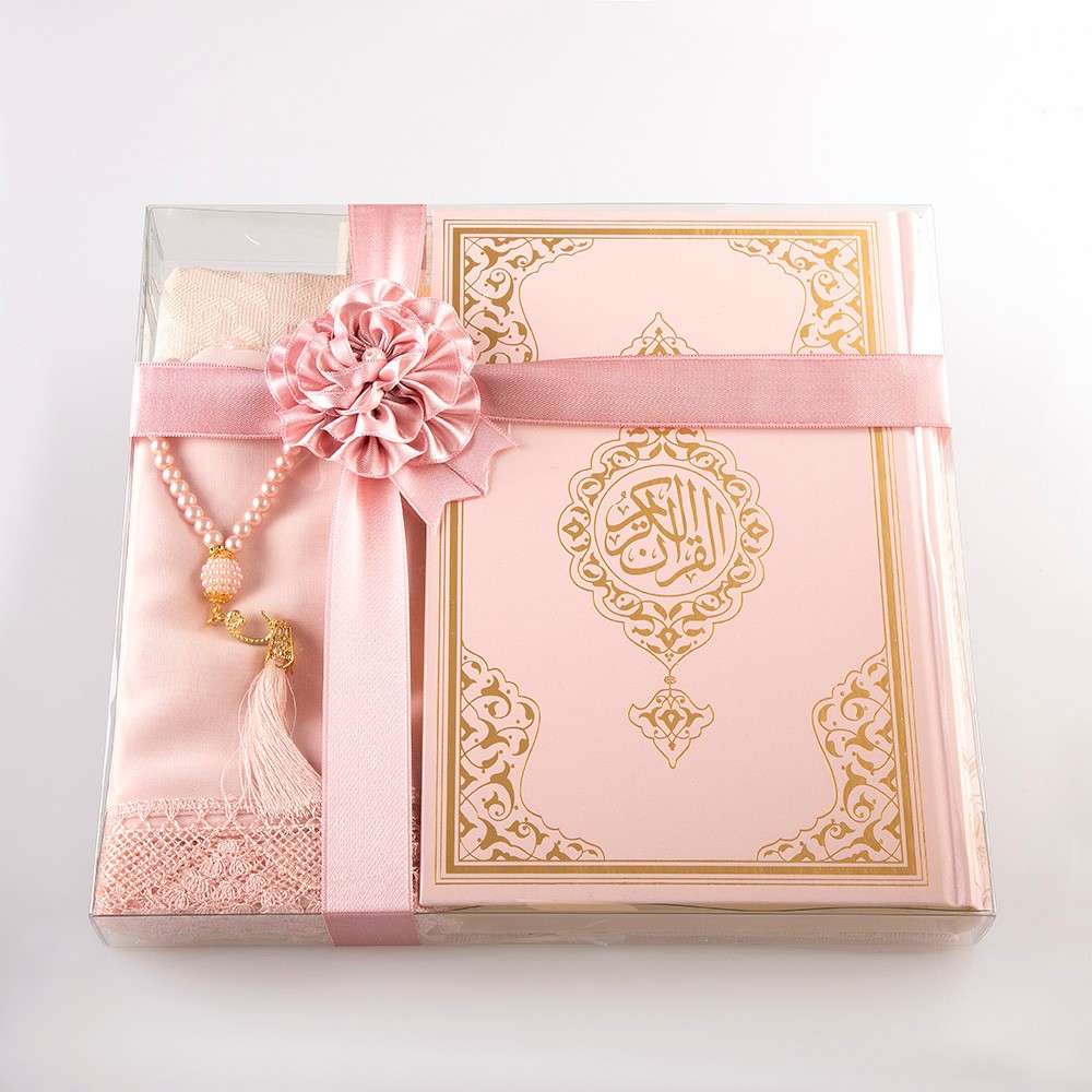 Ekonomik Cilt Kur’an-ı Kerim 3'lü Kombin Set (Seccade, Tesbih, Şal) - Pudra Pembe