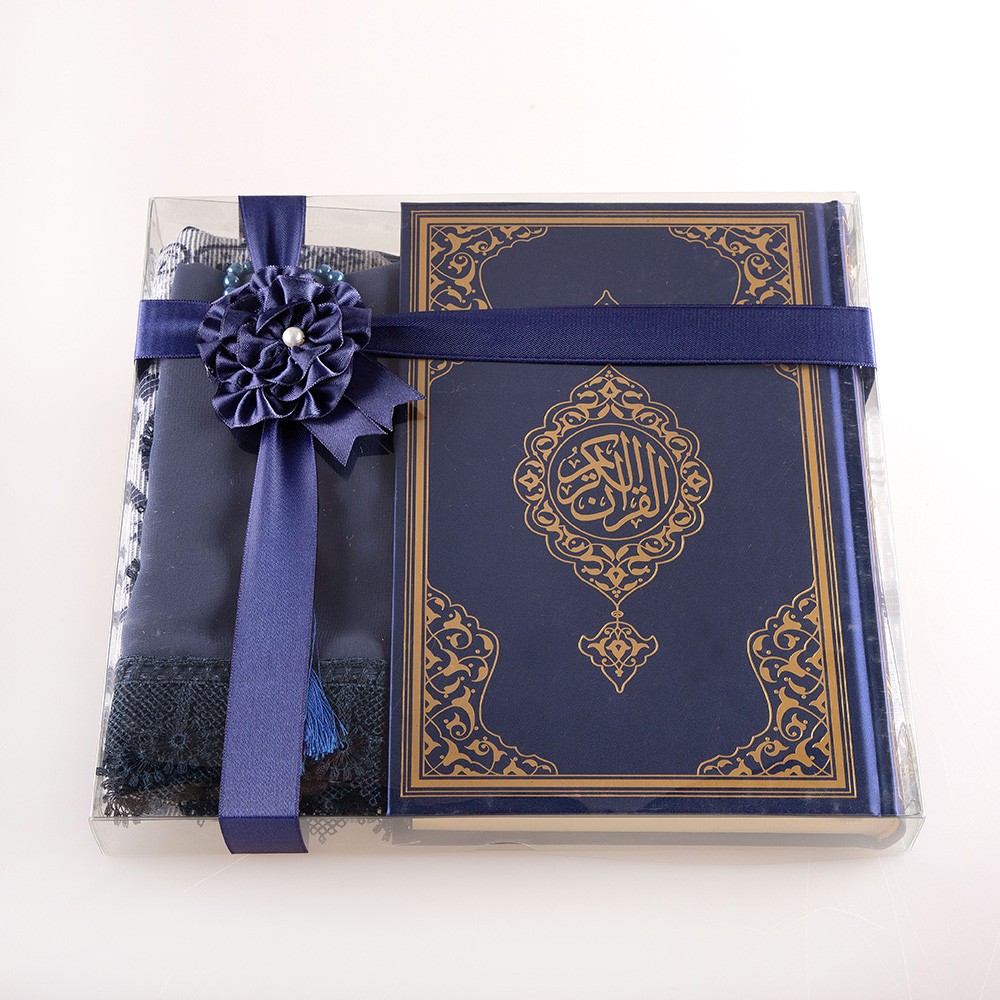 Ekonomik Cilt Kur’an-ı Kerim 3'lü Kombin Set (Seccade, Tesbih, Şal) - Lacivert