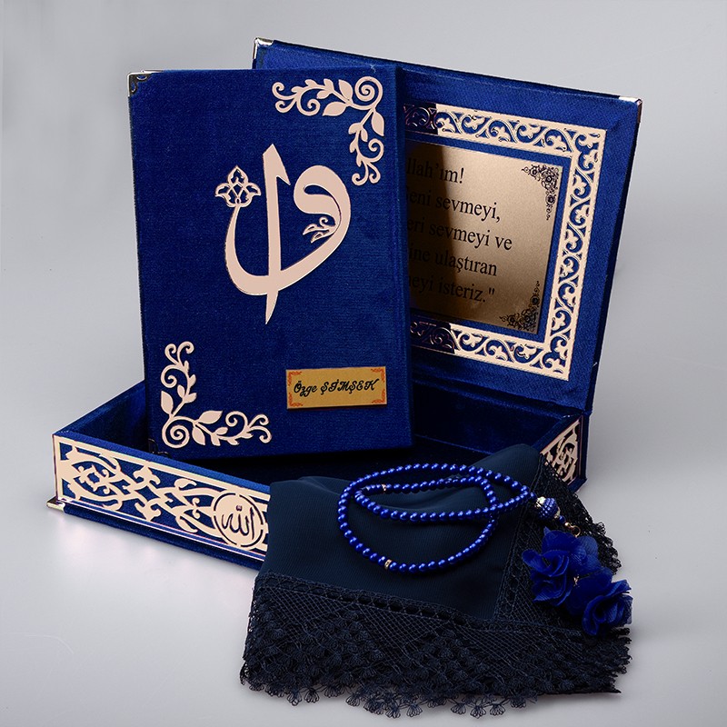Raşel Kutu Kur’an-ı Kerim Elif-Vav Kombin Set (Tesbih, Şal)  - Lacivert
