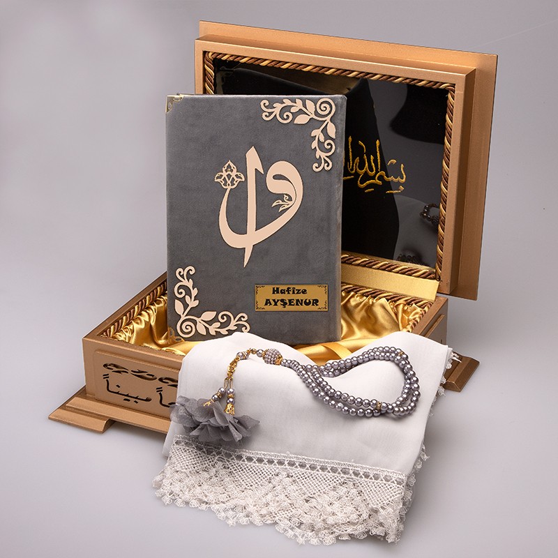Gold Ahşap Kutu Kadife Kur’an-ı Kerim Elif-Vav (Tesbih, Şal)  - Gri
