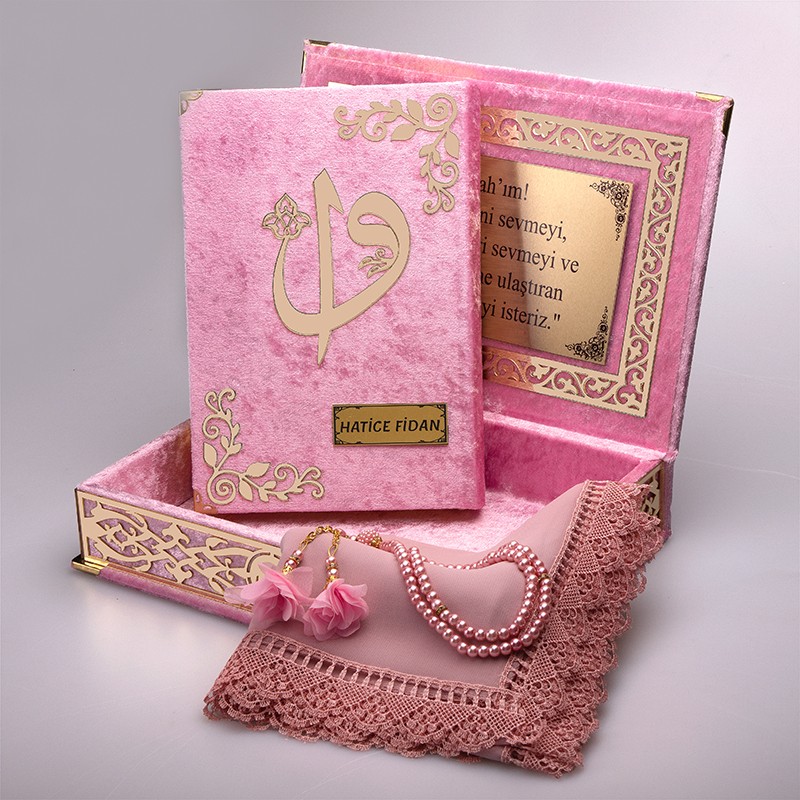Raşel Kutu Kur’an-ı Kerim Elif-Vav Kombin Set (Tesbih, Şal)  - Pudra Pembe