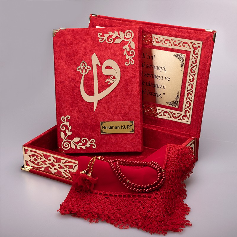 Raşel Kutu Kur’an-ı Kerim Elif-Vav Kombin Set (Tesbih, Şal)  - Kırmızı