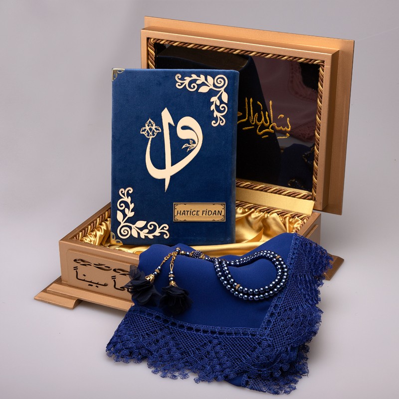 Gold Ahşap Kutu Kadife Kur’an-ı Kerim Elif-Vav (Tesbih, Şal)  - Lacivert
