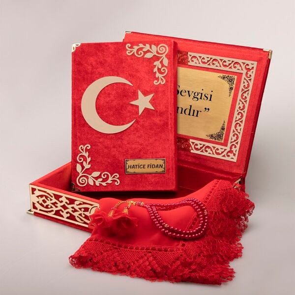 Raşel Kutu Kur’an-ı Kerim Ay Yıldız Kombin Set (Tesbih, Şal) 