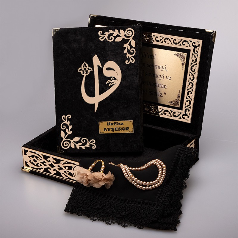 Raşel Kutu Kur’an-ı Kerim Elif-Vav Kombin Set (Tesbih, Şal)  - Siyah