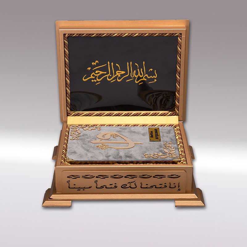 Gold Ahşap Kutu Kadife Kur’an-ı Kerim Elif-Vav - Gri