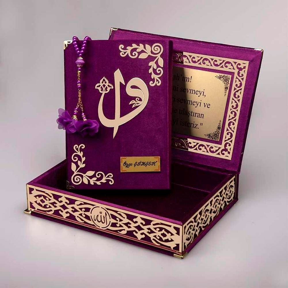 Raşel Kutu Kur’an-ı Kerim Elif-Vav Kombin Set (Tesbih)  - Mor