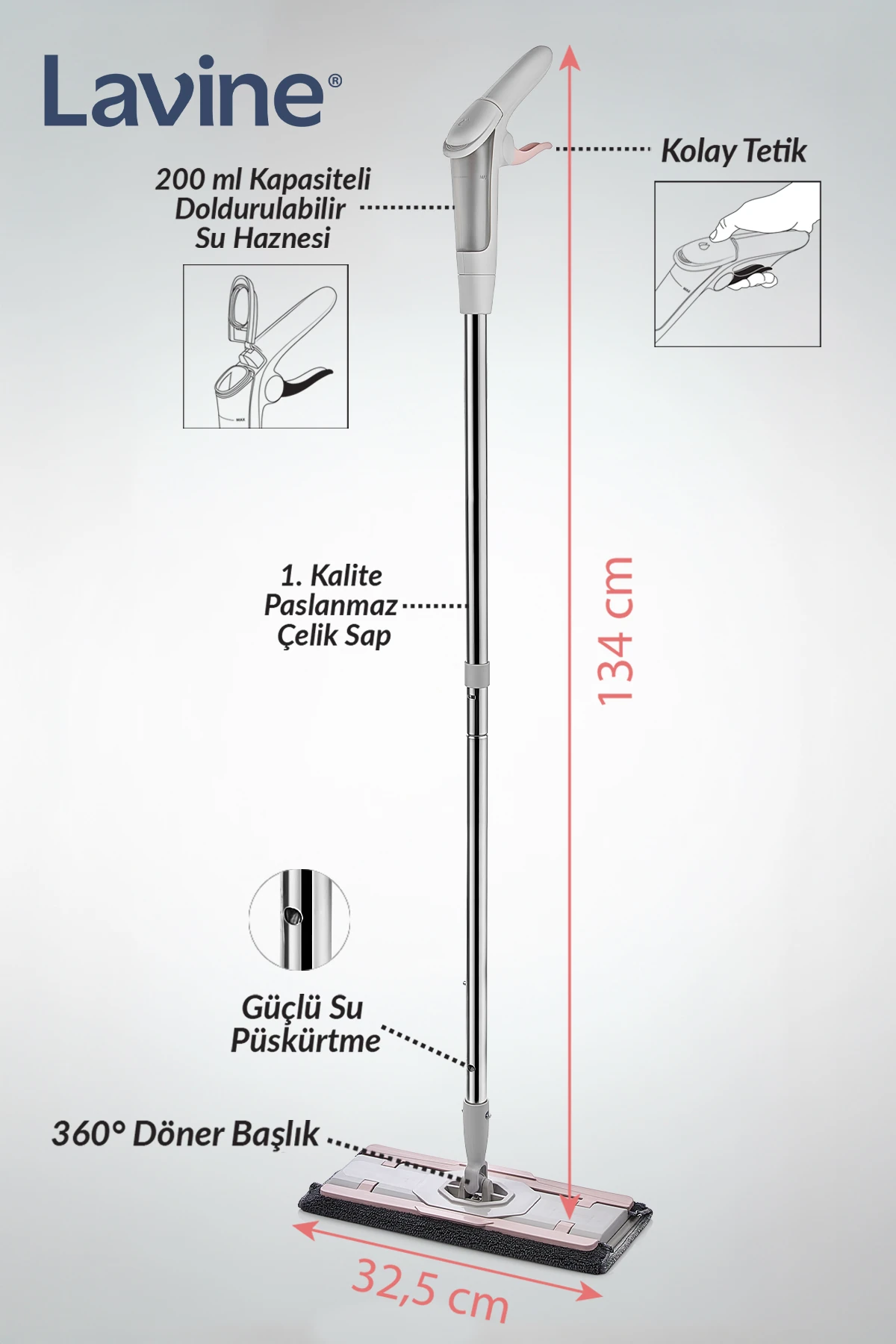 Lavine Mandallı Sprey Mop Kompakt Tasarım Mikrofiber Bezli 4XL Bezlerle Kullanıma Uygun