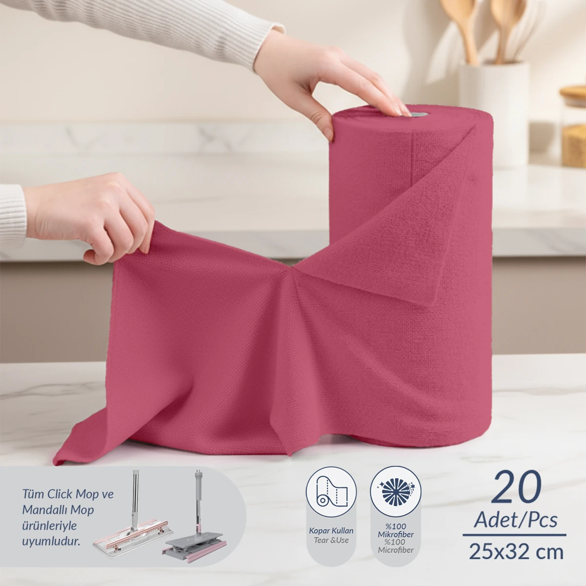 Çok Amaçlı %100 Mikrofiber Temizlik Bezi 20'li Rulo  25x32 Kopart Kullan - Pembe