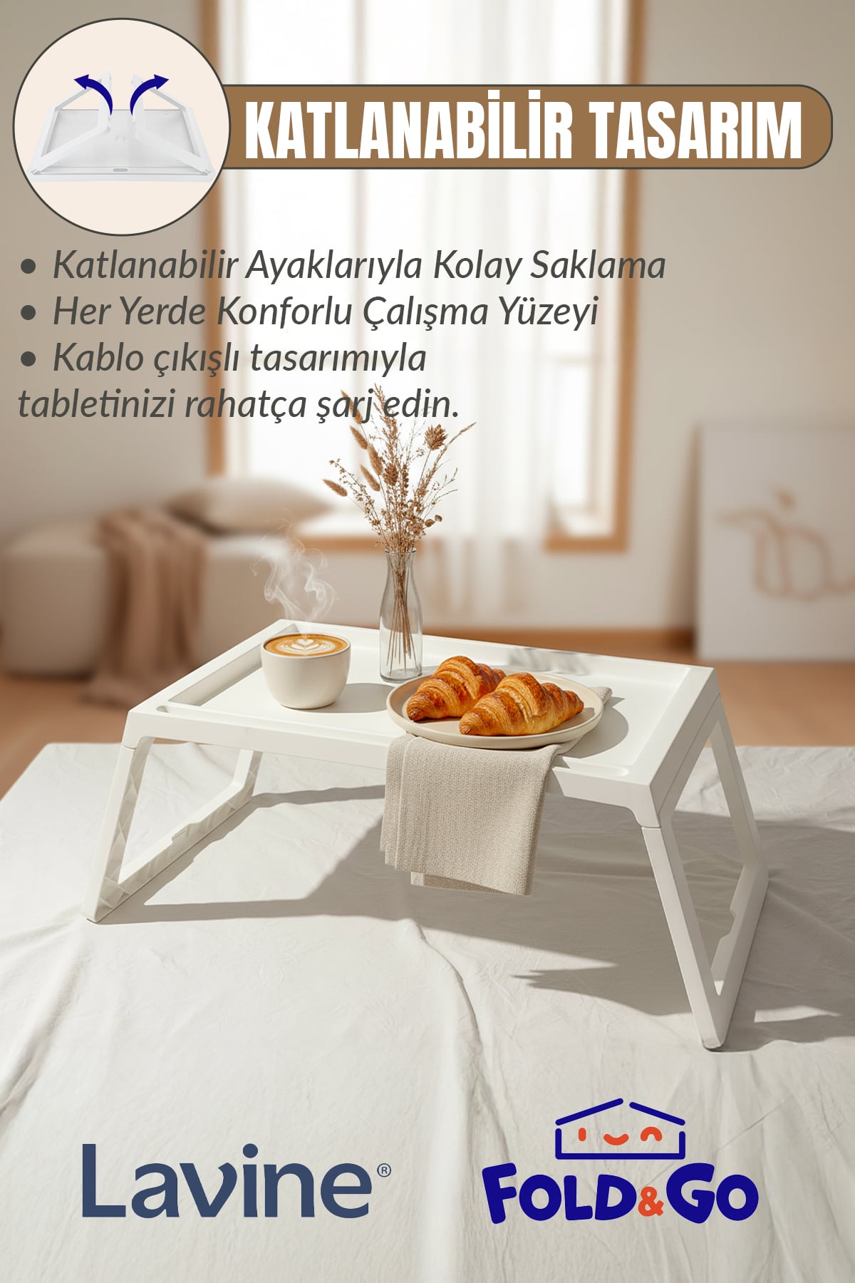 Fold&Go Katlanır Sehpa Tablet - Bilgisayar Sehpası Yatak Üstü Kahvaltı Masası - Beyaz