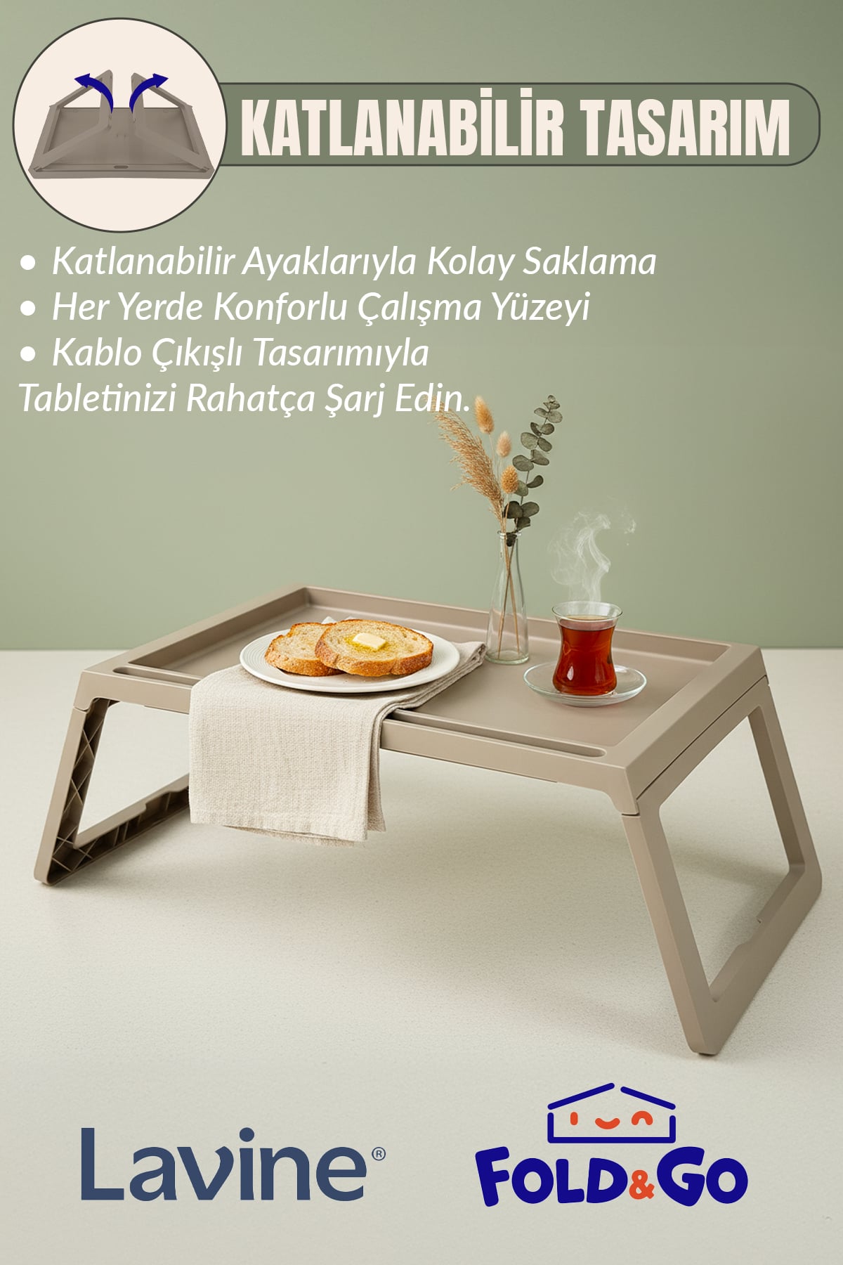 Fold&Go Katlanır Sehpa Tablet - Bilgisayar Sehpası Yatak Üstü Kahvaltı Masası - Toprak