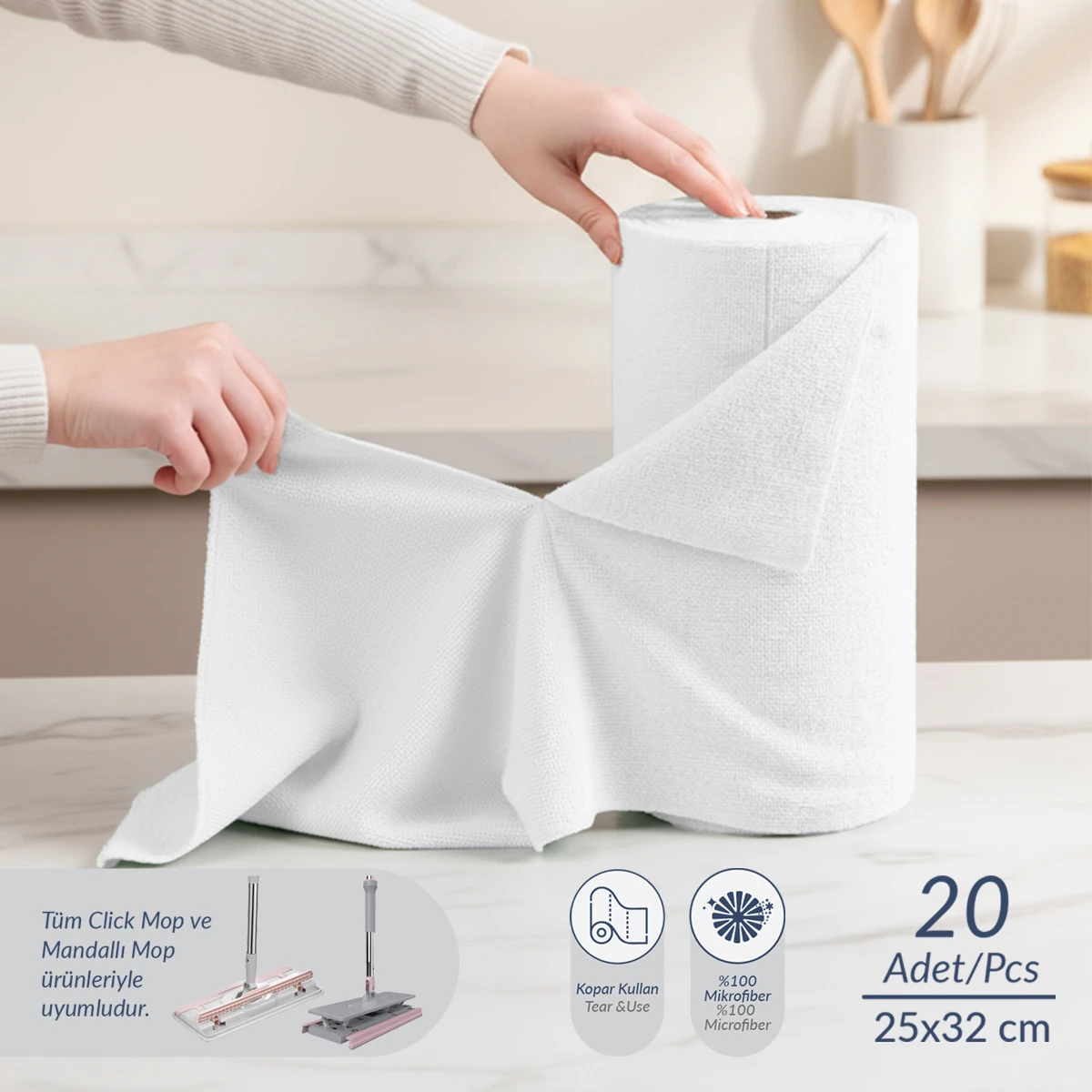 Çok Amaçlı %100 Mikrofiber Temizlik Bezi 20'li Rulo  25x32 Kopart Kullan