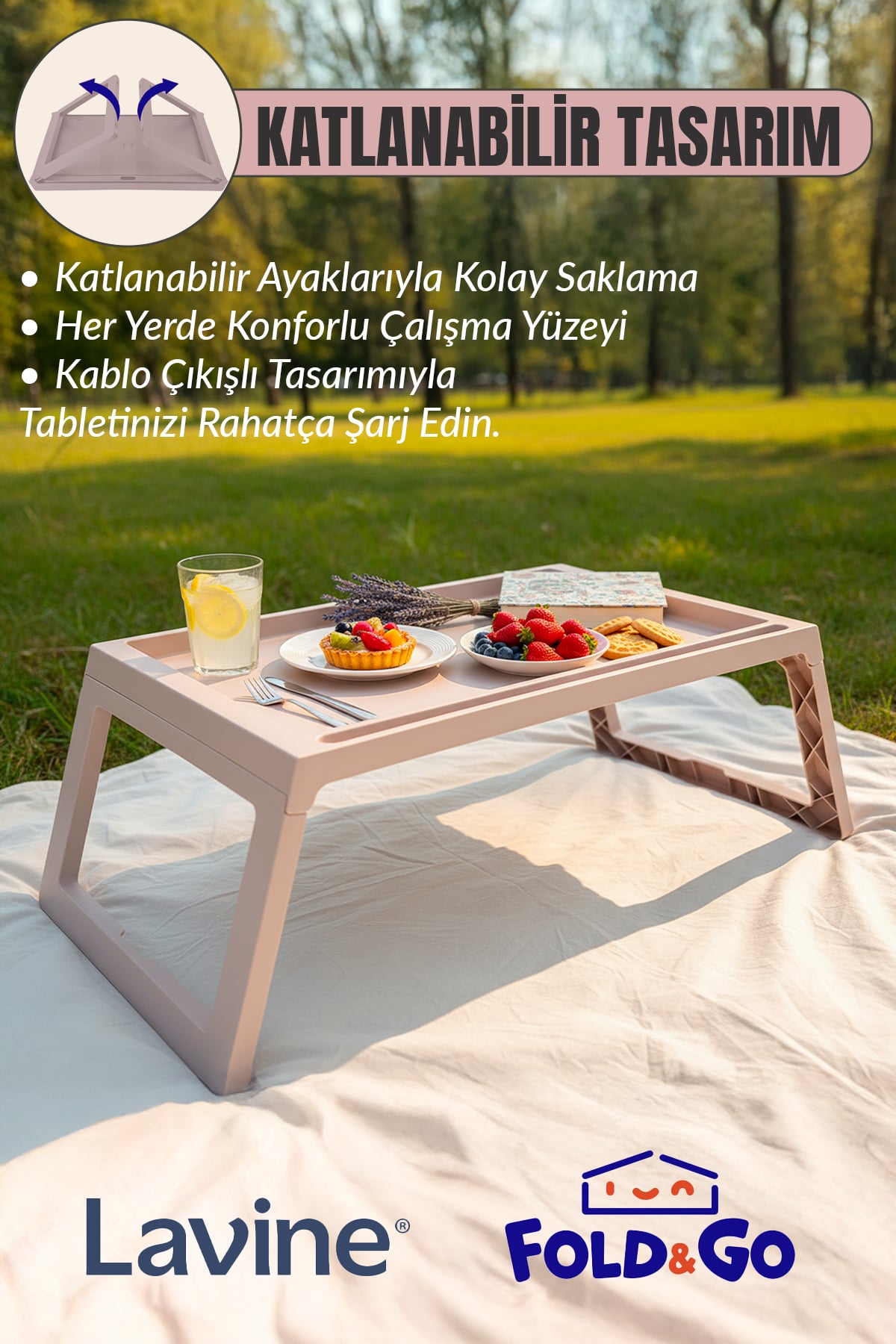 Fold&Go Katlanır Sehpa Tablet - Bilgisayar Sehpası Yatak Üstü Kahvaltı Masası - Pudra Pembe