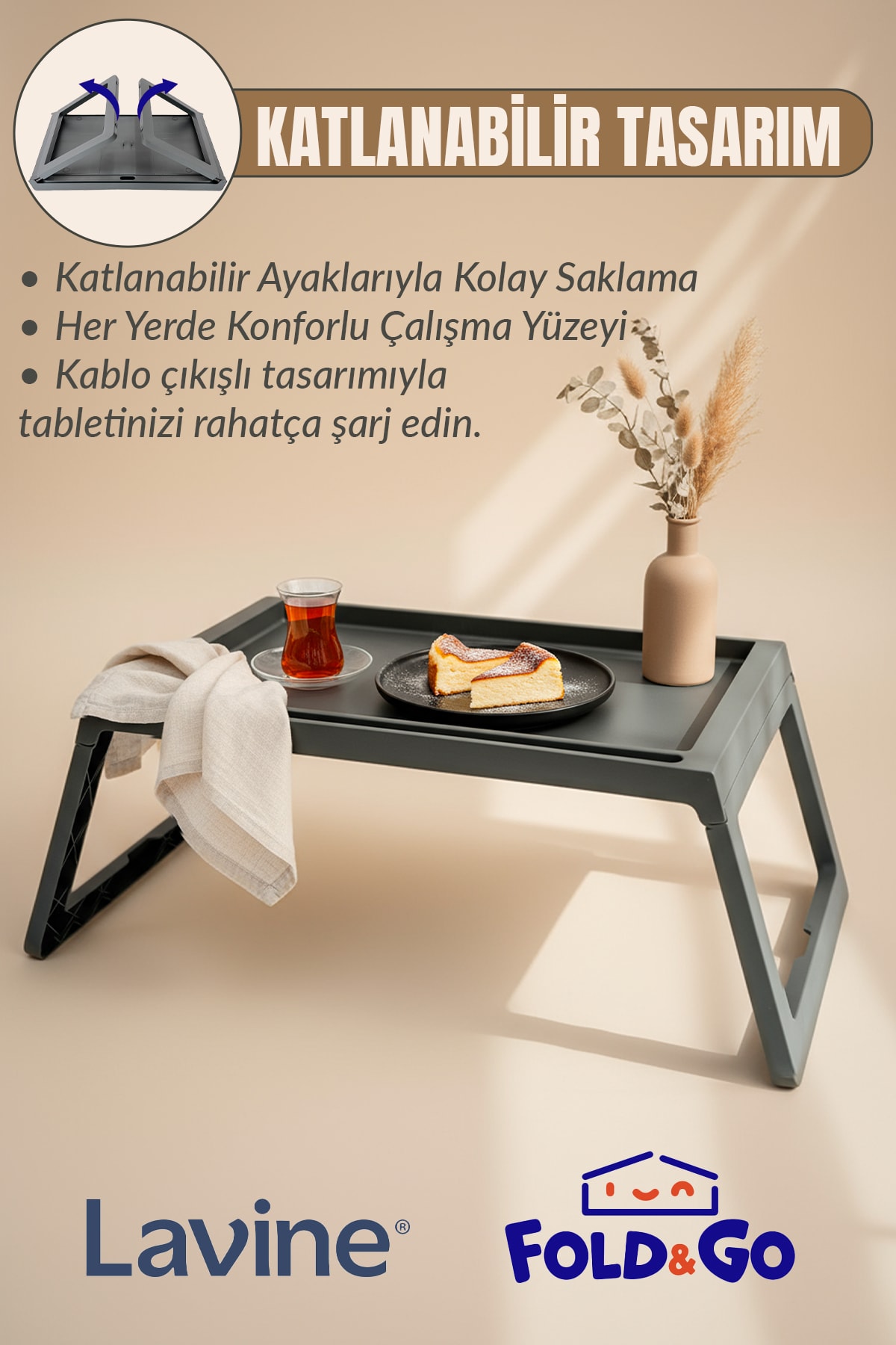 Fold&Go Katlanır Sehpa Tablet - Bilgisayar Sehpası Yatak Üstü Kahvaltı Masası - Antrasit