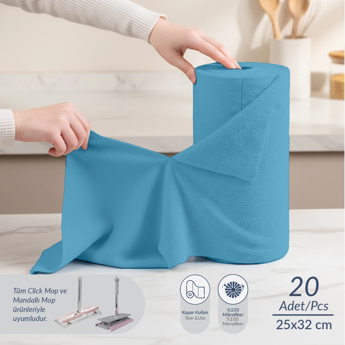 Çok Amaçlı %100 Mikrofiber Temizlik Bezi 20'li Rulo  25x32 Kopart Kullan - Mavi