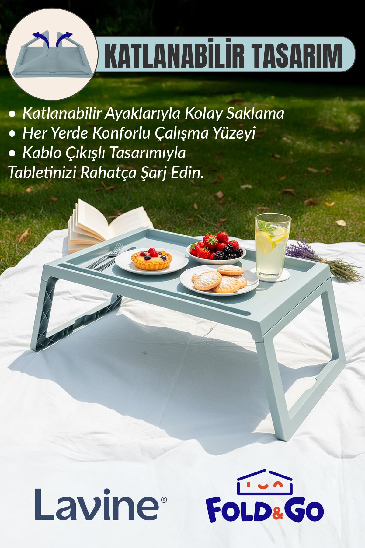 Fold&Go Katlanır Sehpa Tablet - Bilgisayar Sehpası Yatak Üstü Kahvaltı Masası - Bebe Mavisi