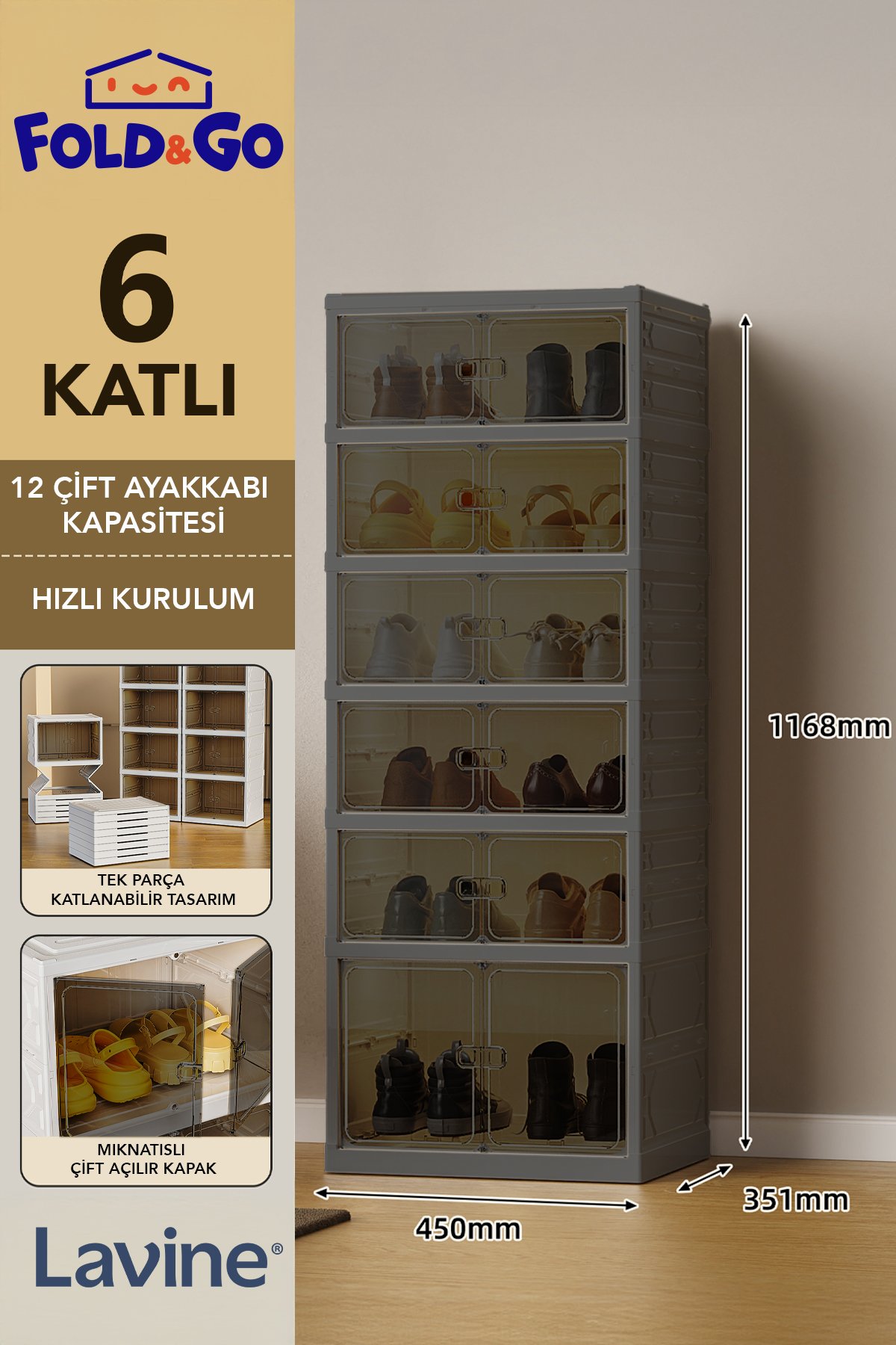 6 Katlı Portatif, Katlanabilir Ayakkabı Düzenleyici - Antrasit