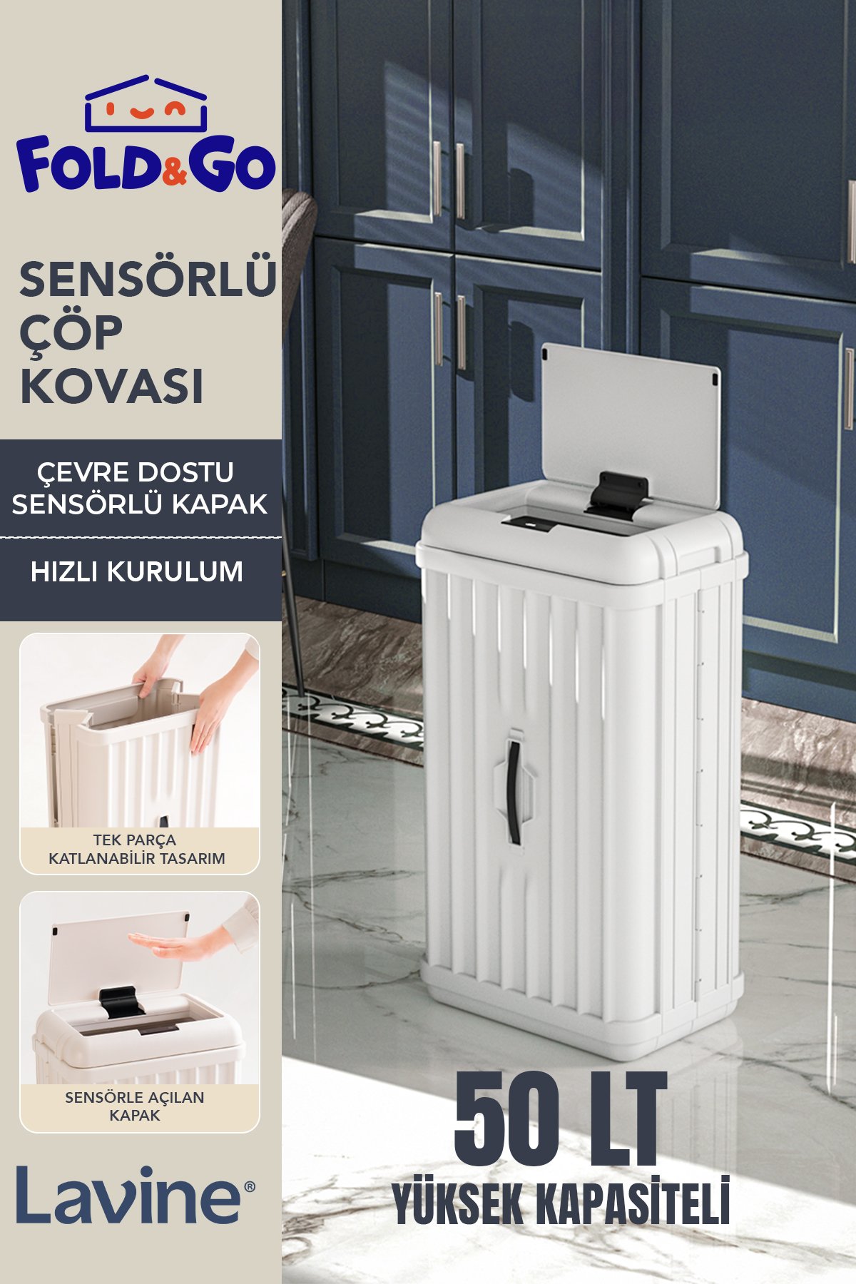 50 Lt Sensörlü Çöp Kovası Portatif, Katlanabilir  - Beyaz