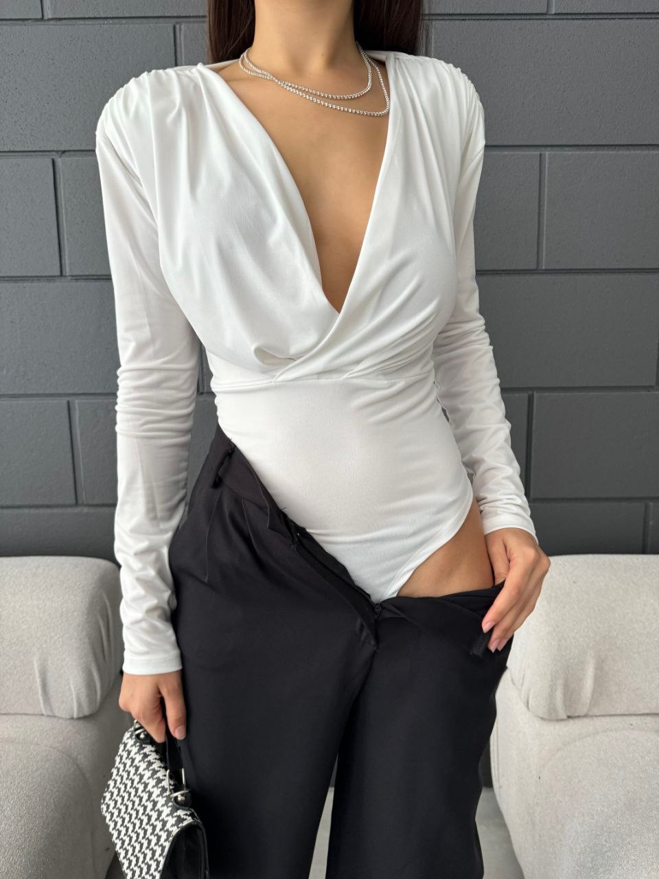 Sandy Kumaş Vatkalı Pileli Bodysuit