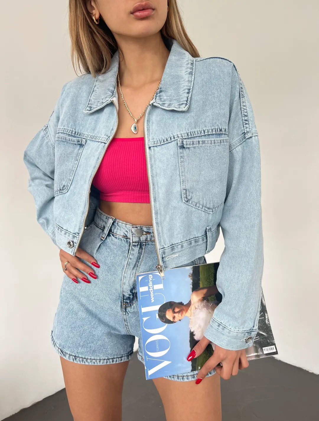 Fermuarlı Çift Cepli Crop Denim Ceket