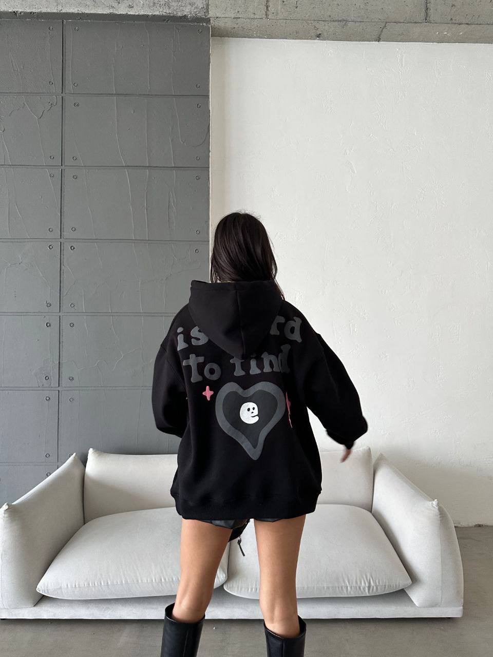 3 İplik Şardonlu True Love Baskılı Sweatshirt - Siyah