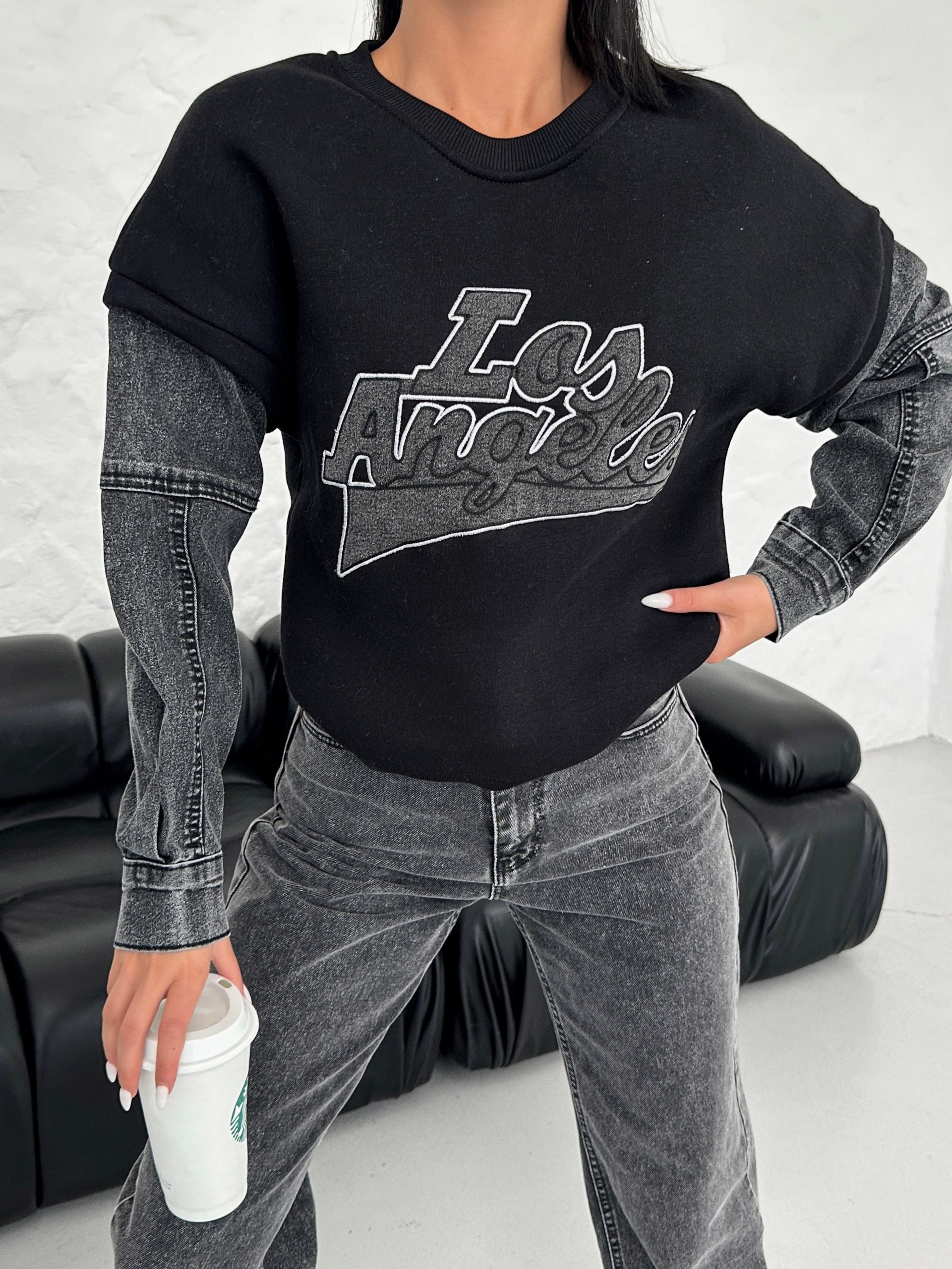 Üç İplik Kot Detaylı Baskılı Sweatshirt