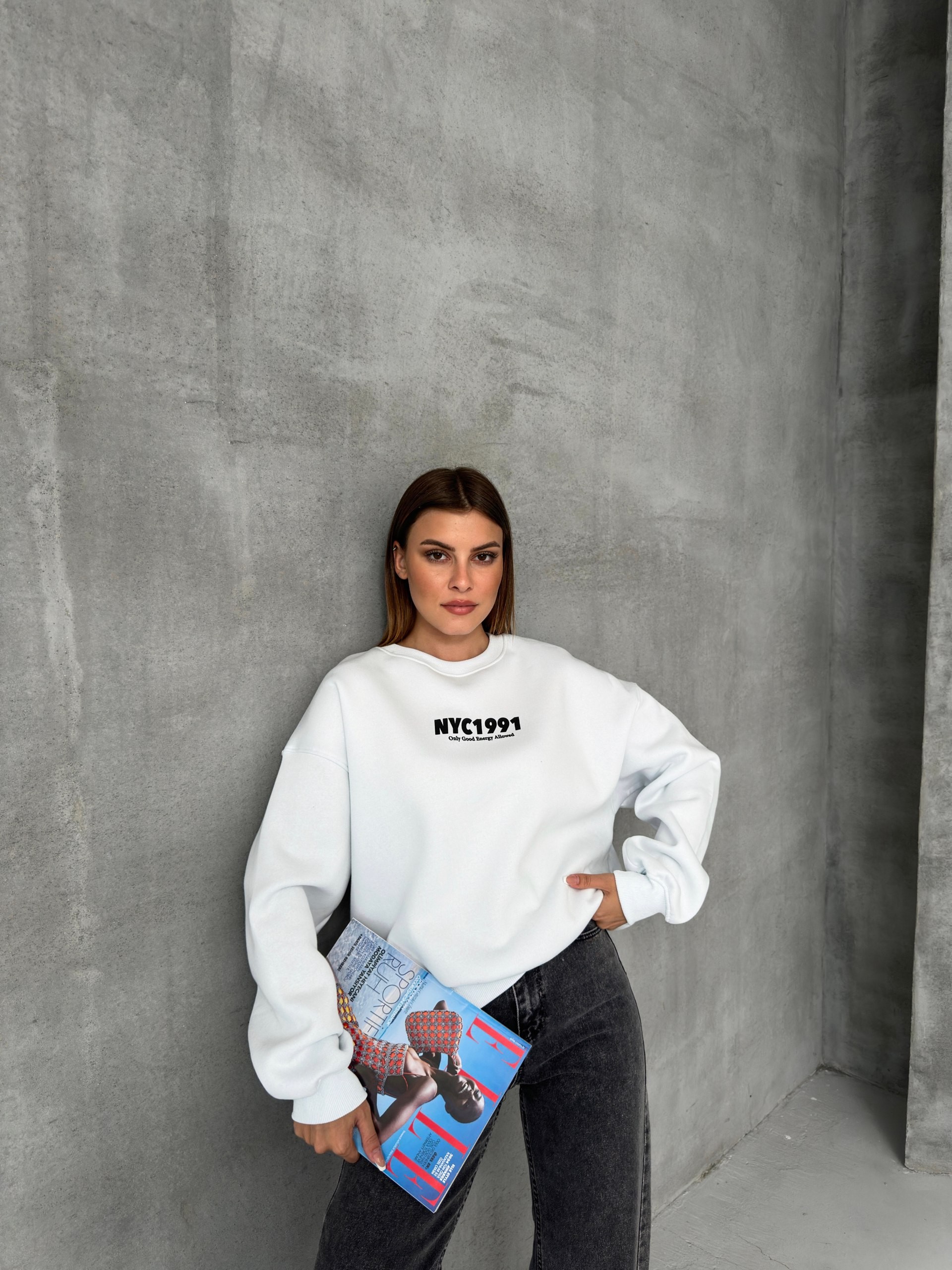 Baskılı Oversize Sweatshirt - Beyaz