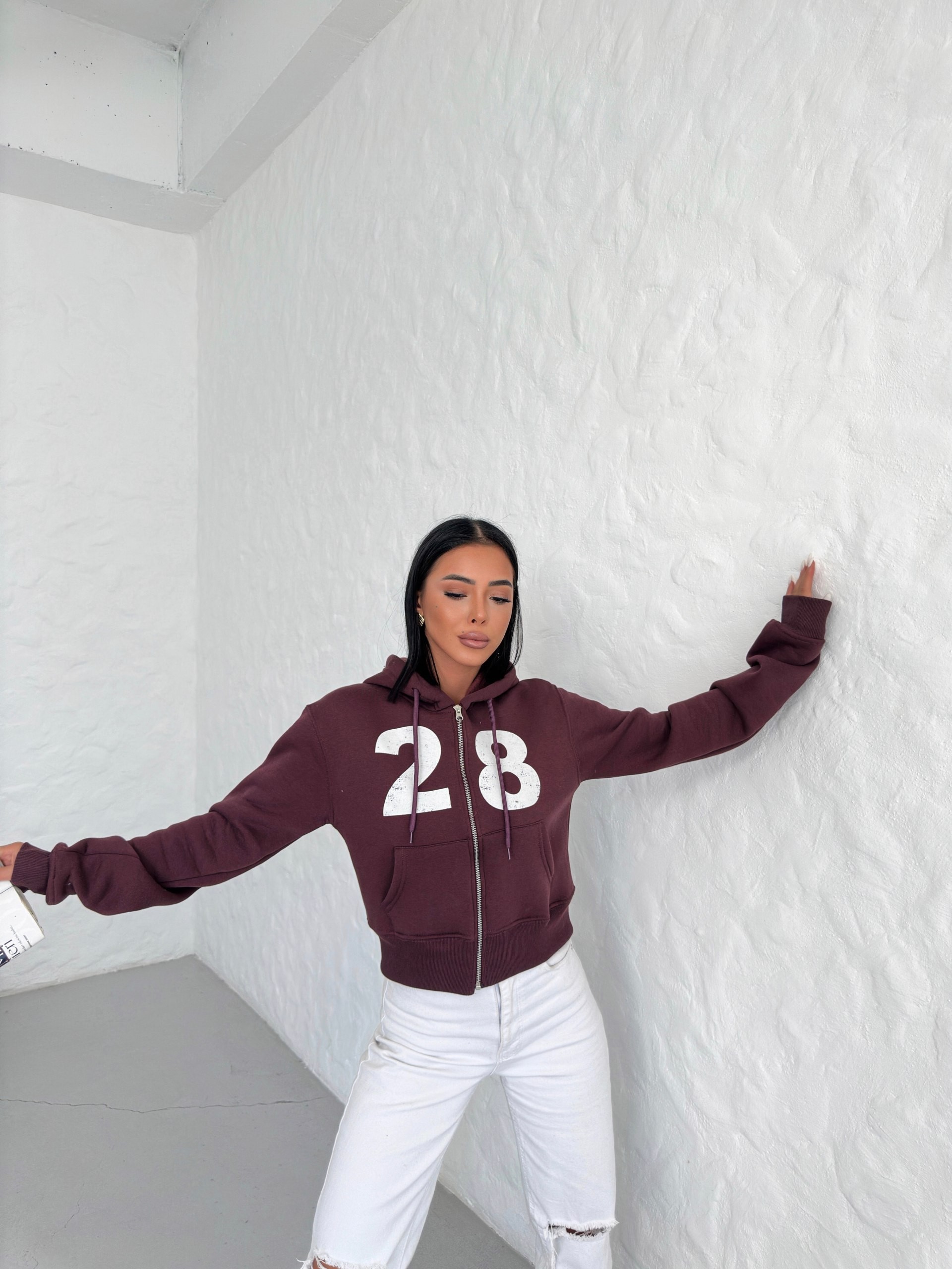 Baskılı Fermuarlı Crop Sweatshirt - Bordo