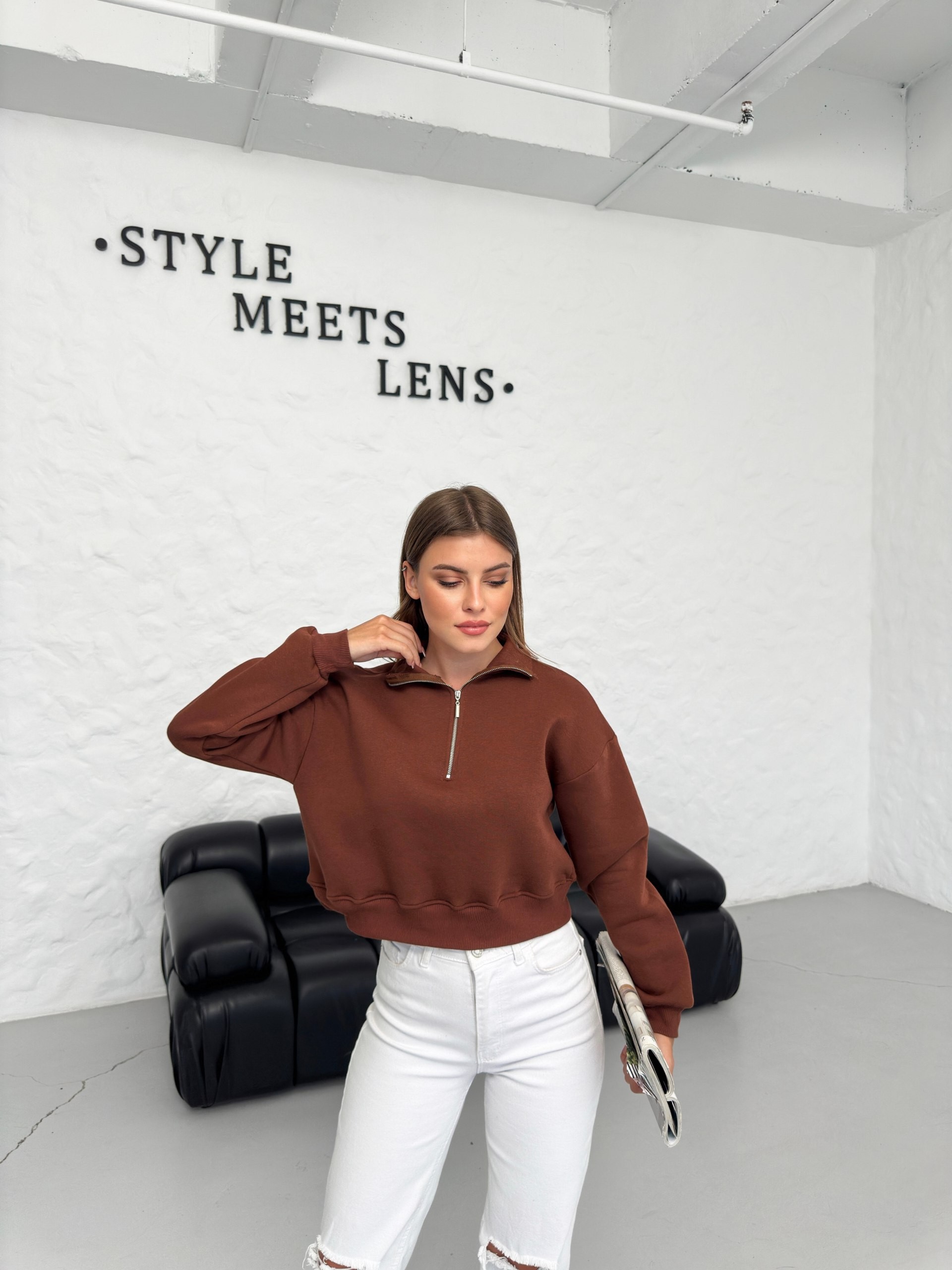 Yarım Fermuarlı Crop Sweatshirt - Kahverengi