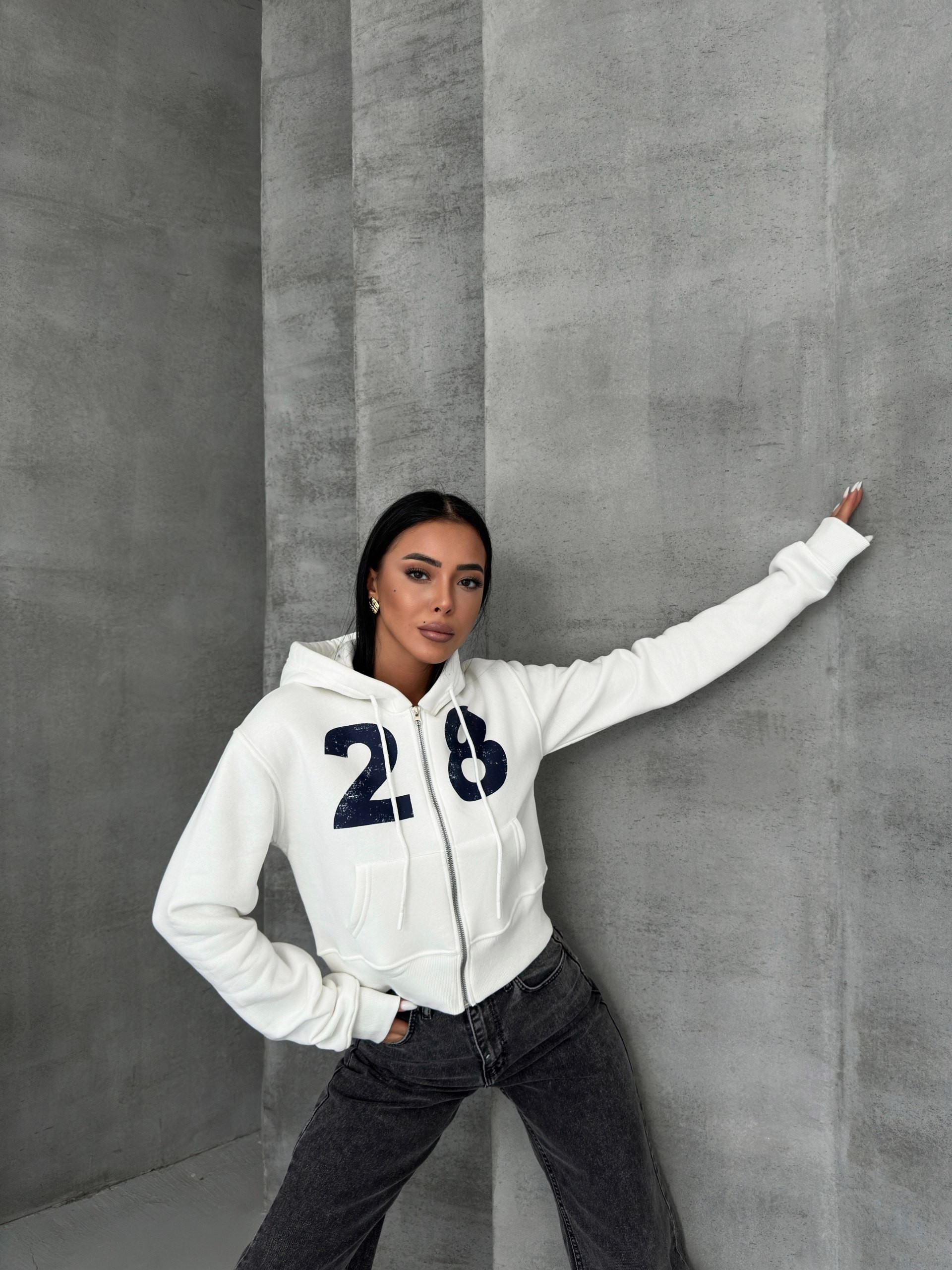 Baskılı Fermuarlı Crop Sweatshirt - Beyaz