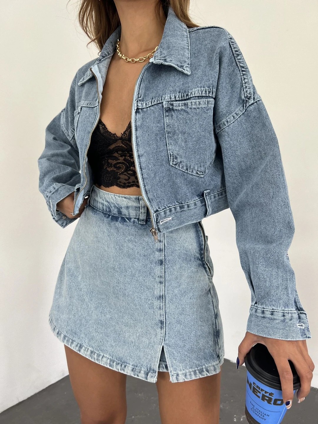 Fermuarlı Çift Cepli Crop Denim Ceket - Mavi