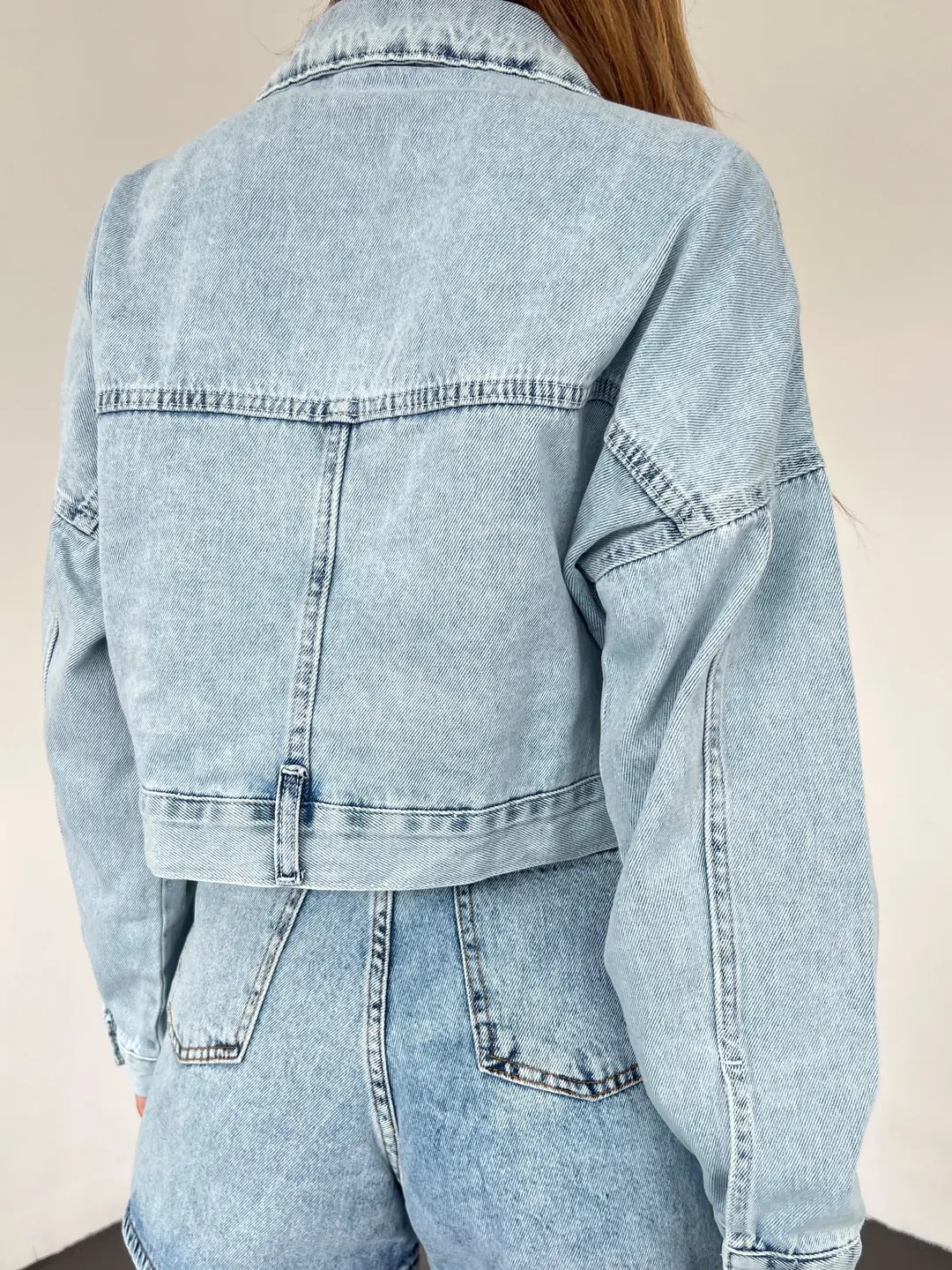 Fermuarlı Çift Cepli Crop Denim Ceket