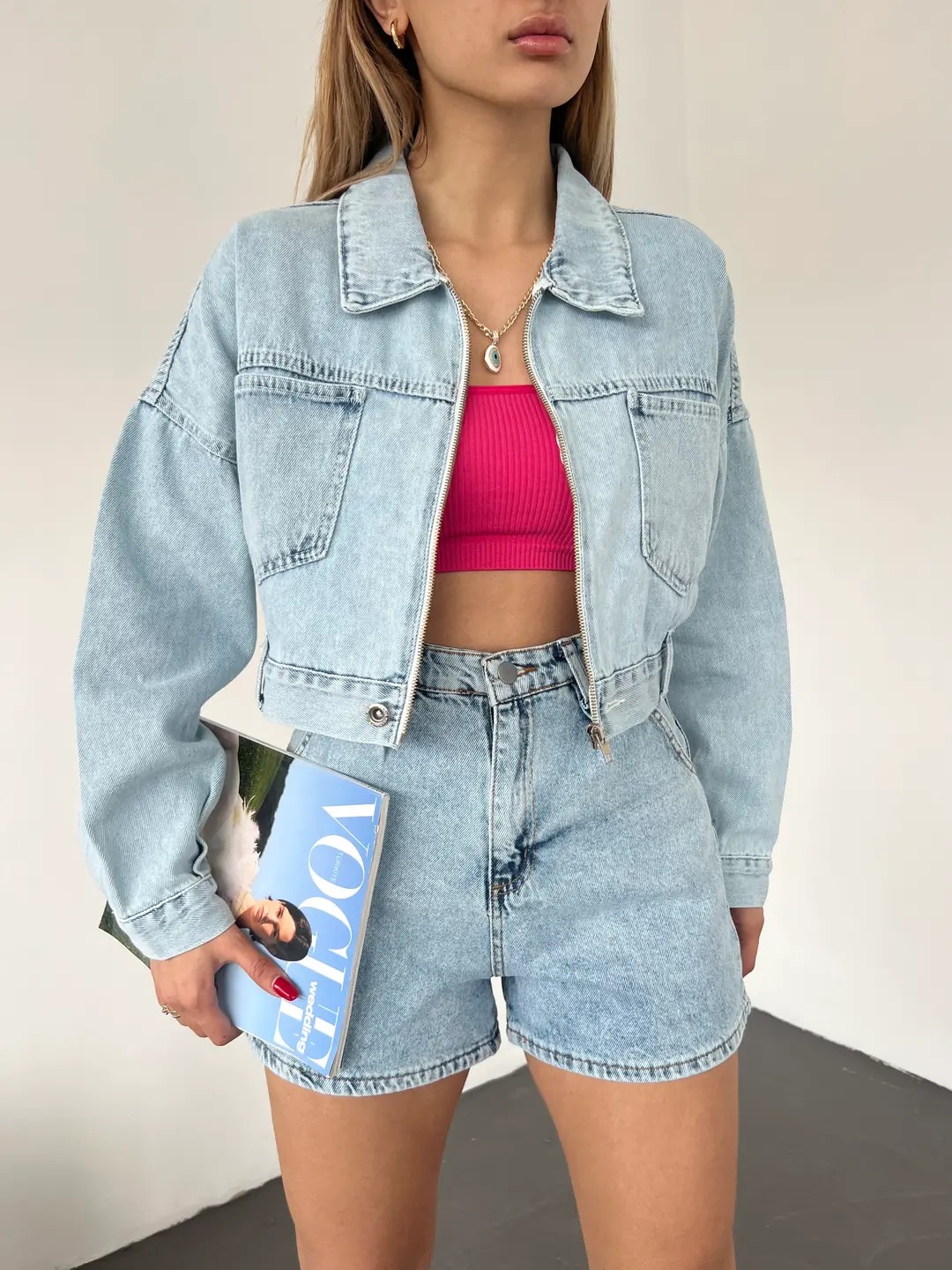 Fermuarlı Çift Cepli Crop Denim Ceket