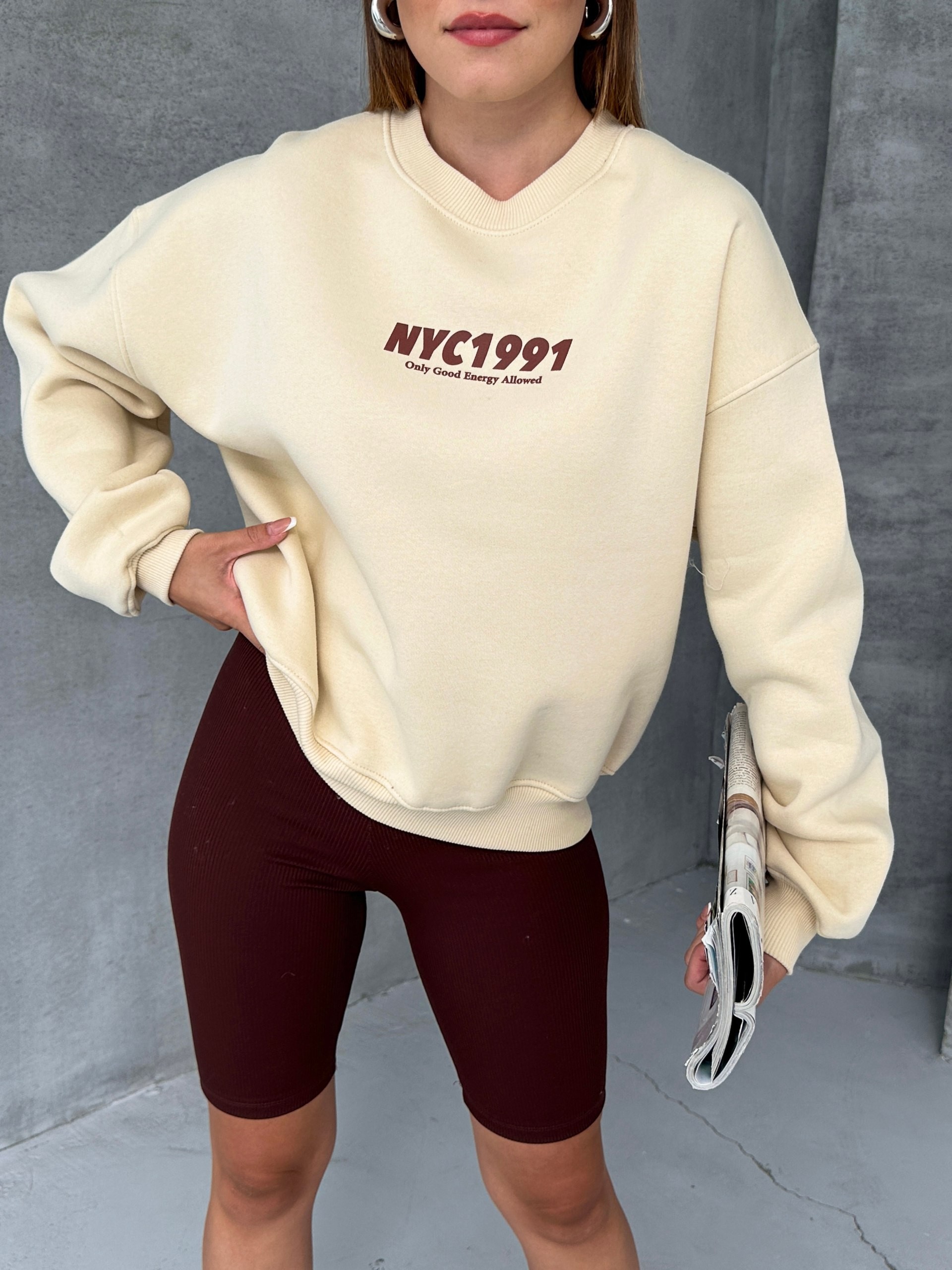 Baskılı Oversize Sweatshirt - Krem