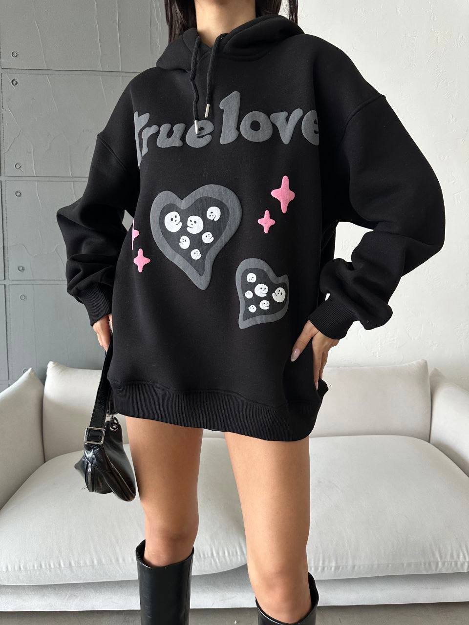 3 İplik Şardonlu True Love Baskılı Sweatshirt