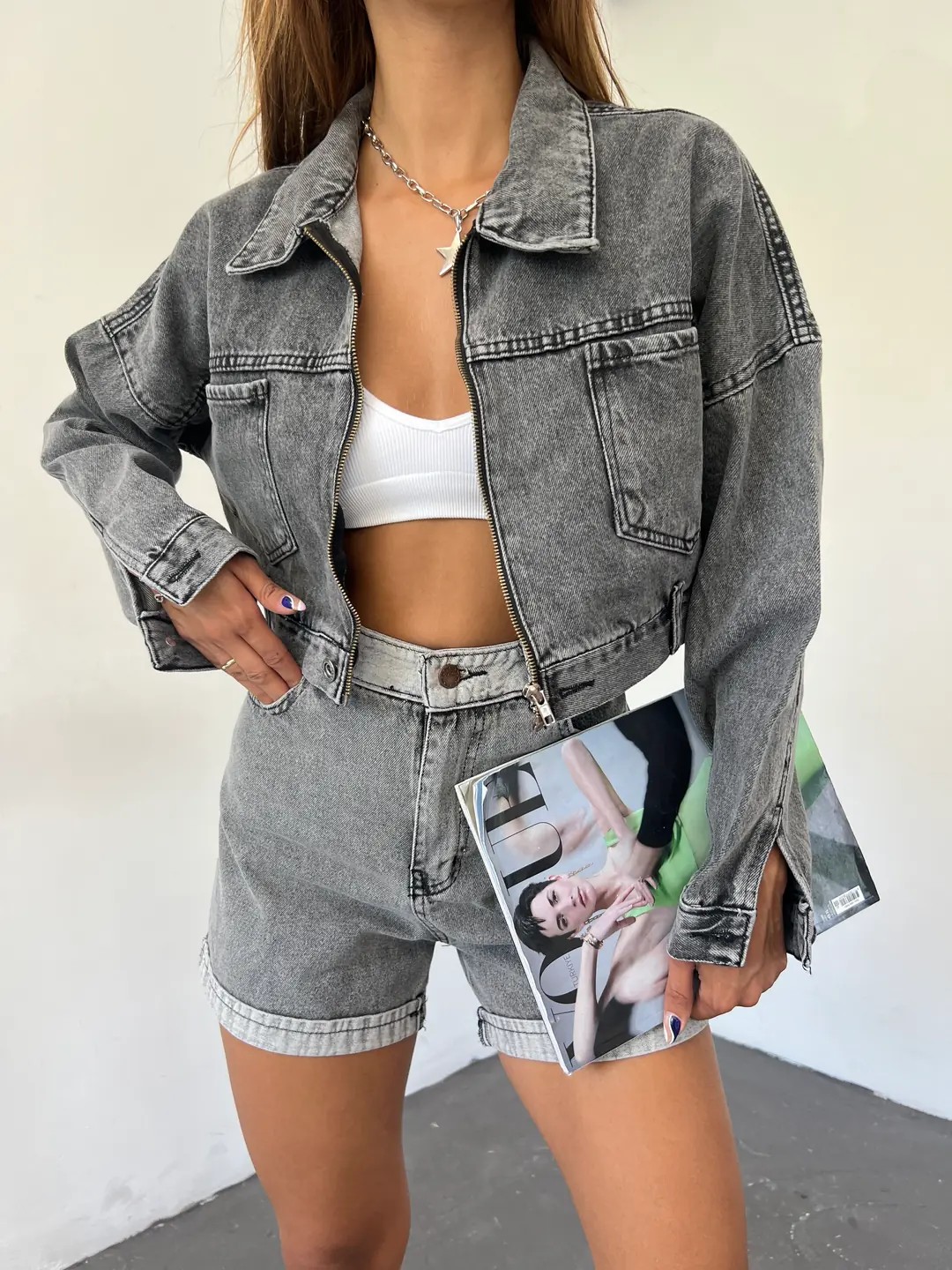 Fermuarlı Çift Cepli Crop Denim Ceket - Antrasit