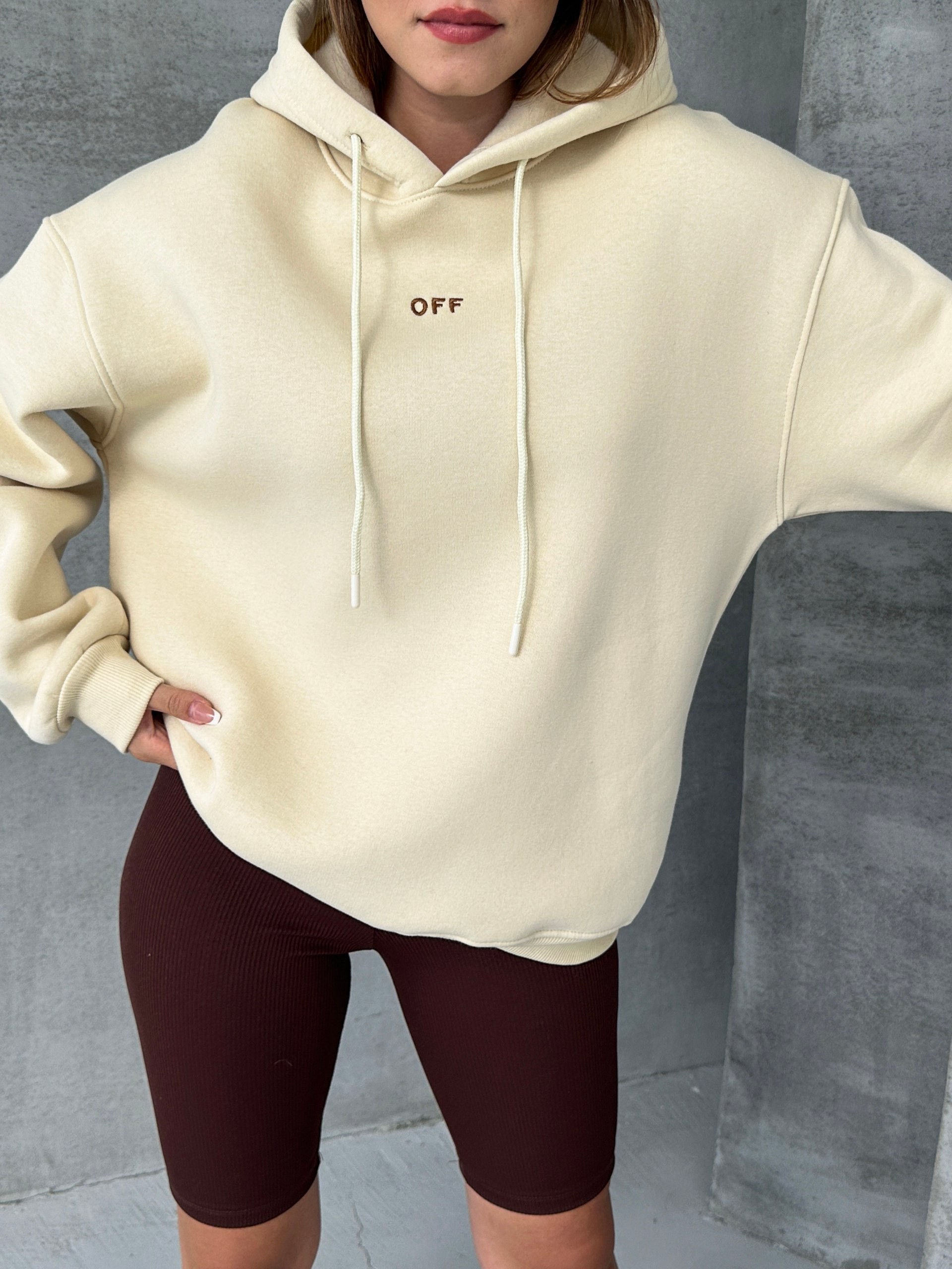 Kapüşonlu Nakışlı Oversize Sweatshirt - Krem