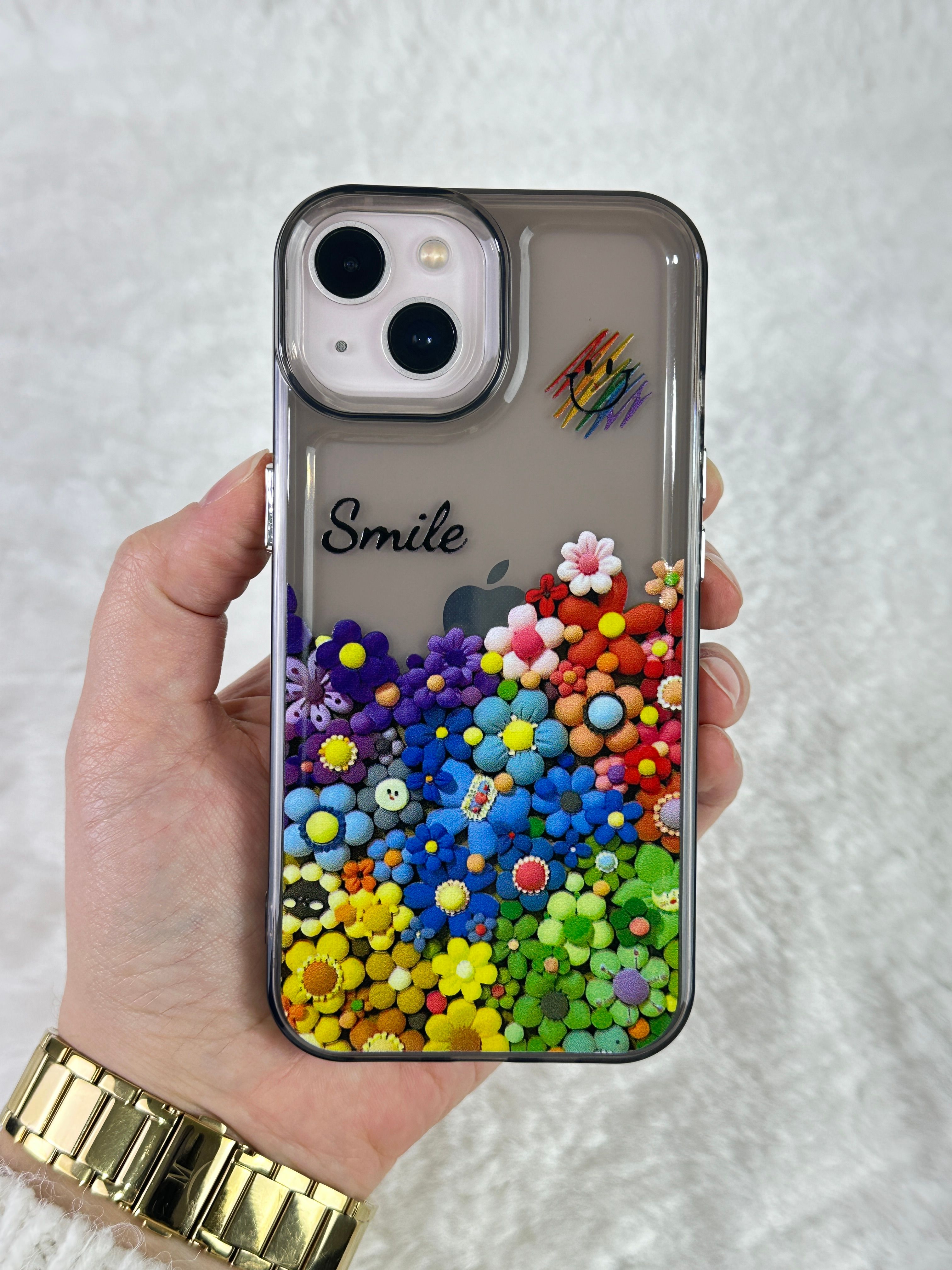 iPhone 15 Renkli Çiçek Desenli Smile Yazılı Pox Kılıf