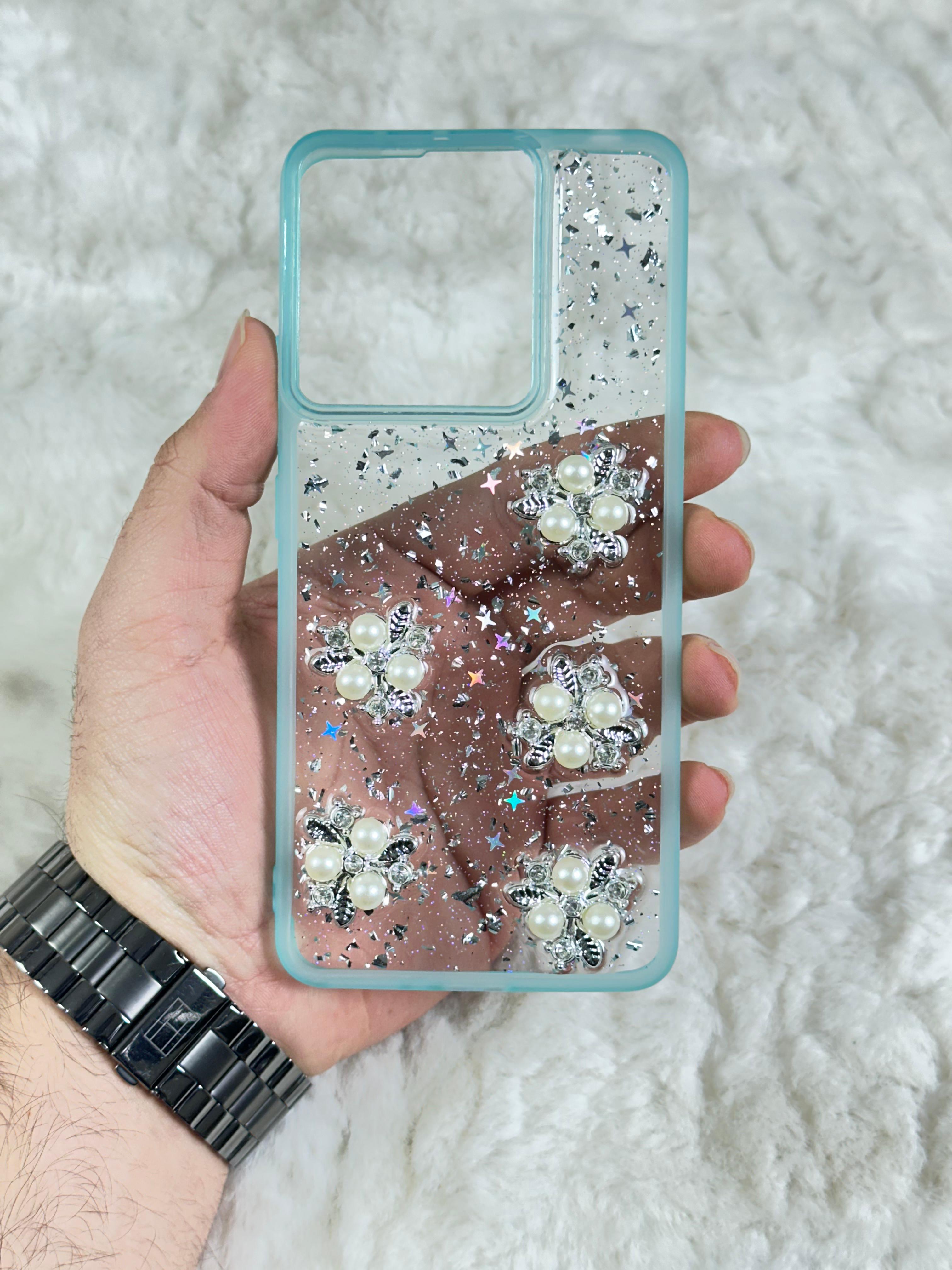 Xiaomi Redmi Note 13 4G Şeffaf Parlak Taşlı Glitter Kılıf - turkuaz boncuk