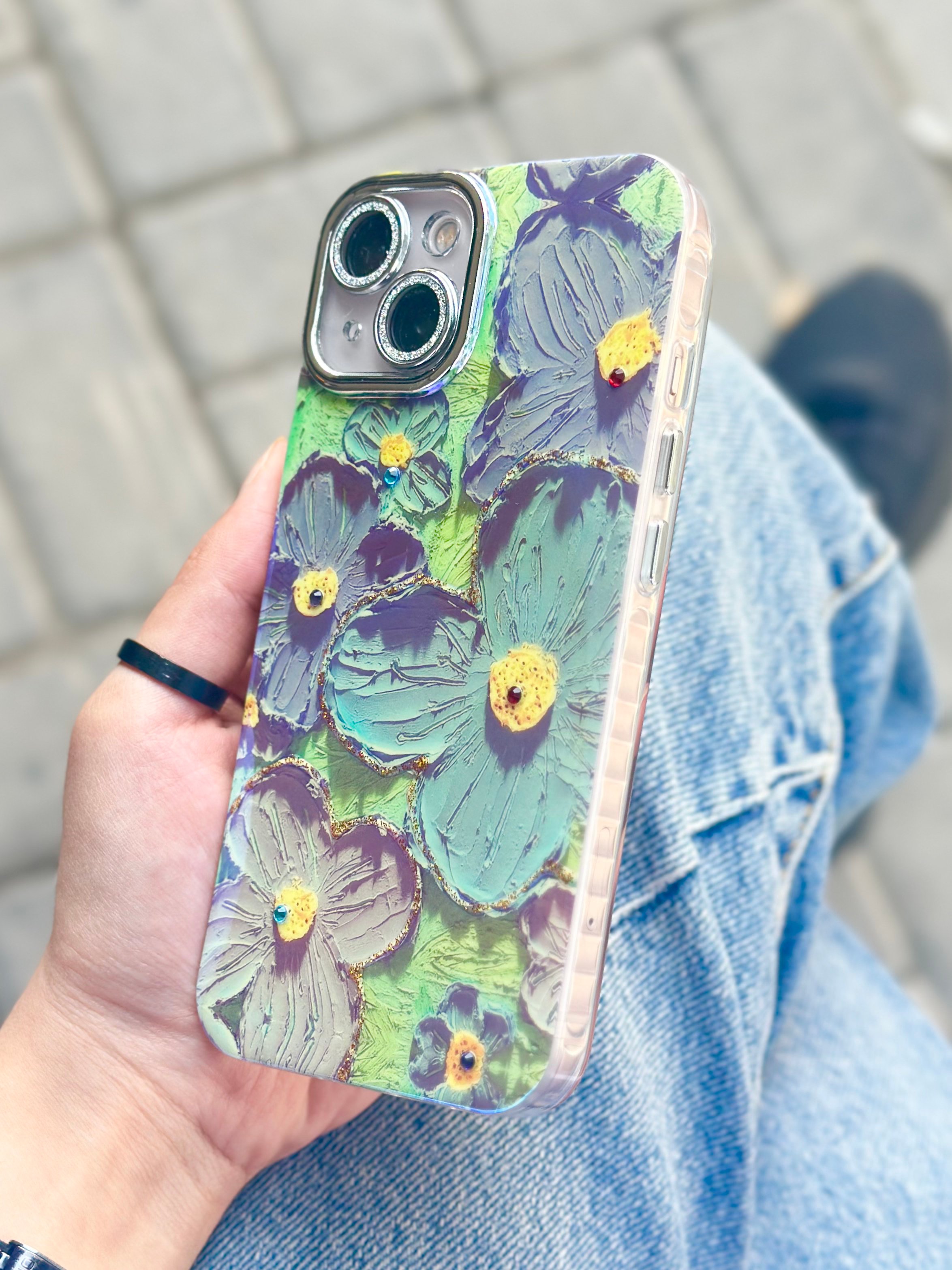 iPhone 15 Çiçek Desenli Lens Koruyuculu Paint Kılıfı  - No 1