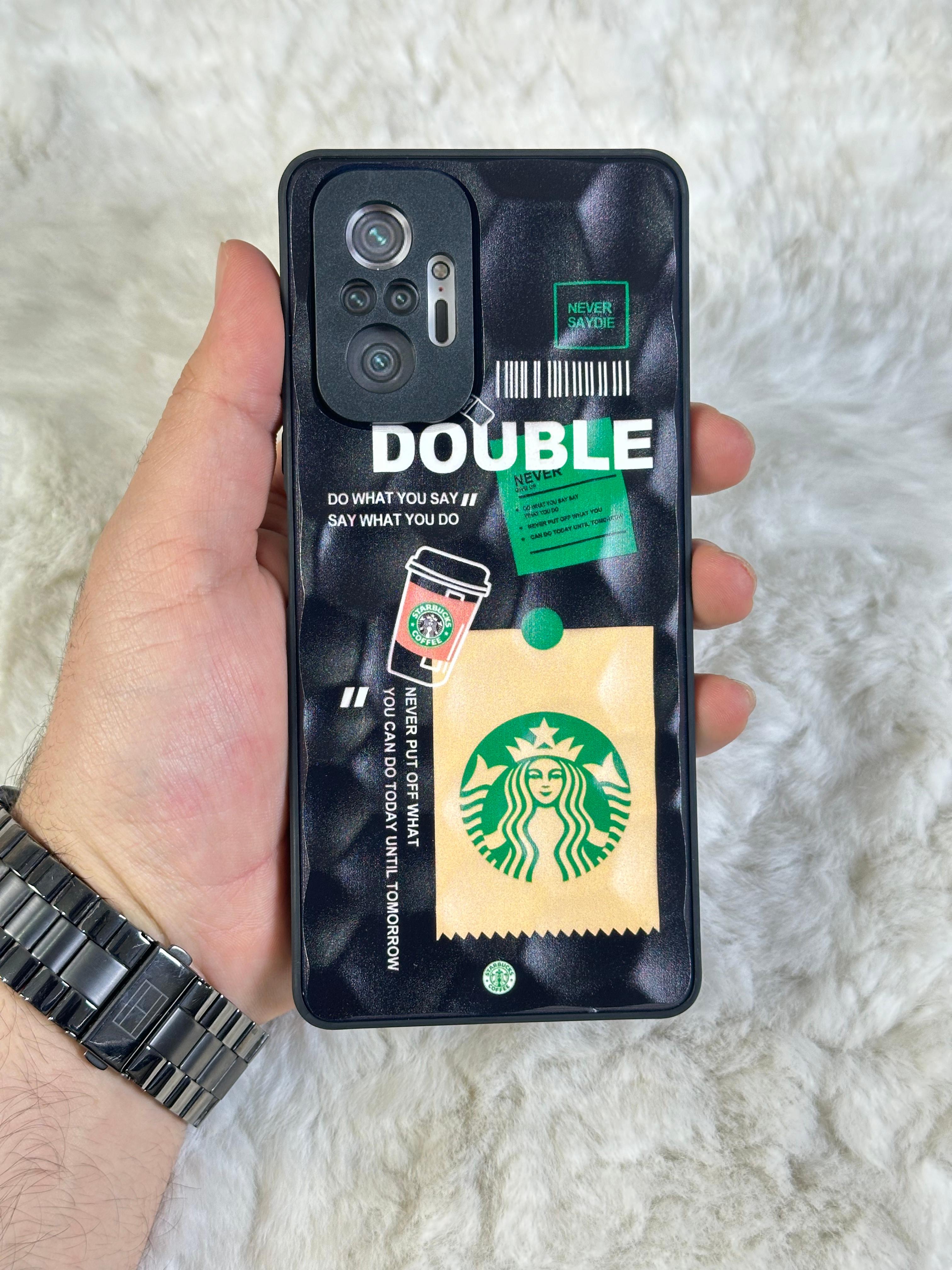 Xiaomi Note 10 Pro uyumlu Arkası Sert Kapaklı Yanları Silikonlu Starbucks-Nike Kılıf  - double star